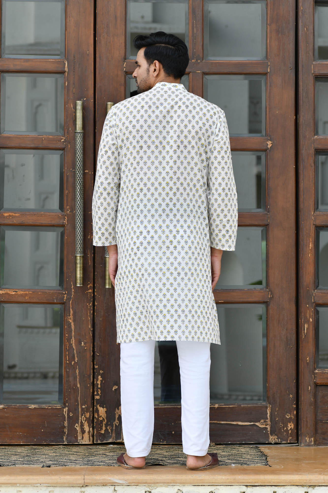 Kurta Long Mens Block Motifs Mustard