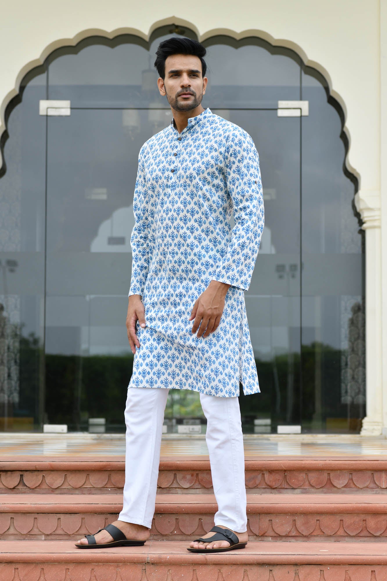 Kurta Long Mens Block Motifs Floral Blue