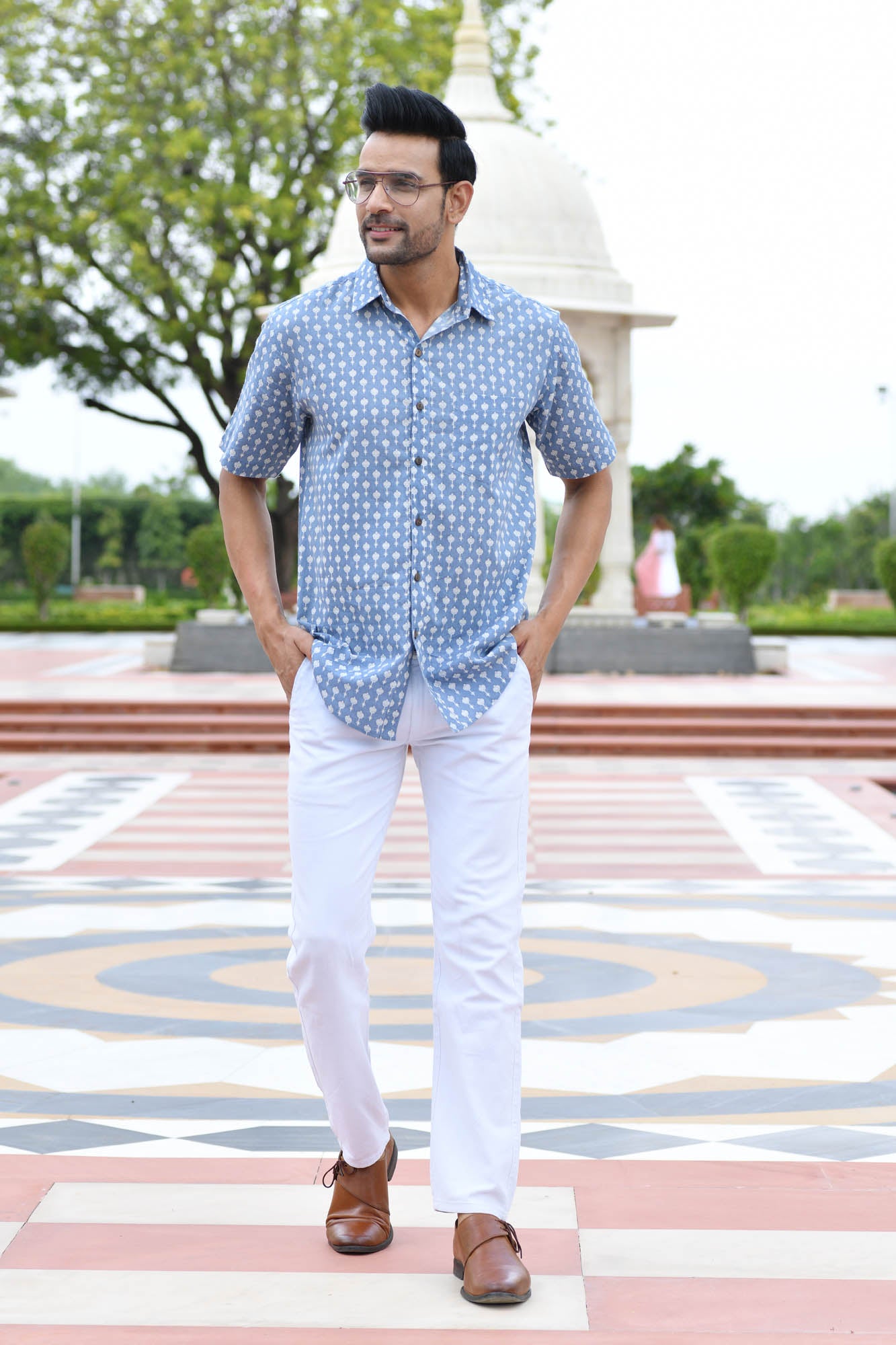 Men Block Motif Sky Blue Half Sleeve Shirt