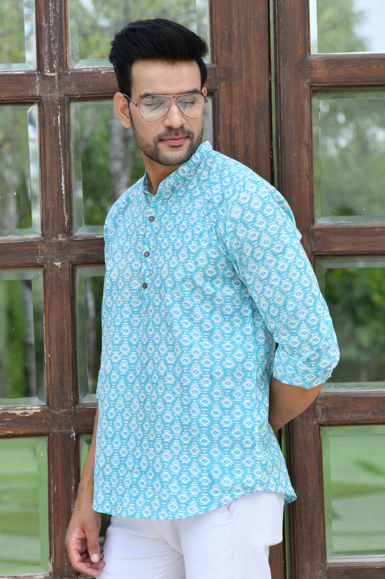 Greek Key Sea Green Short Kurta