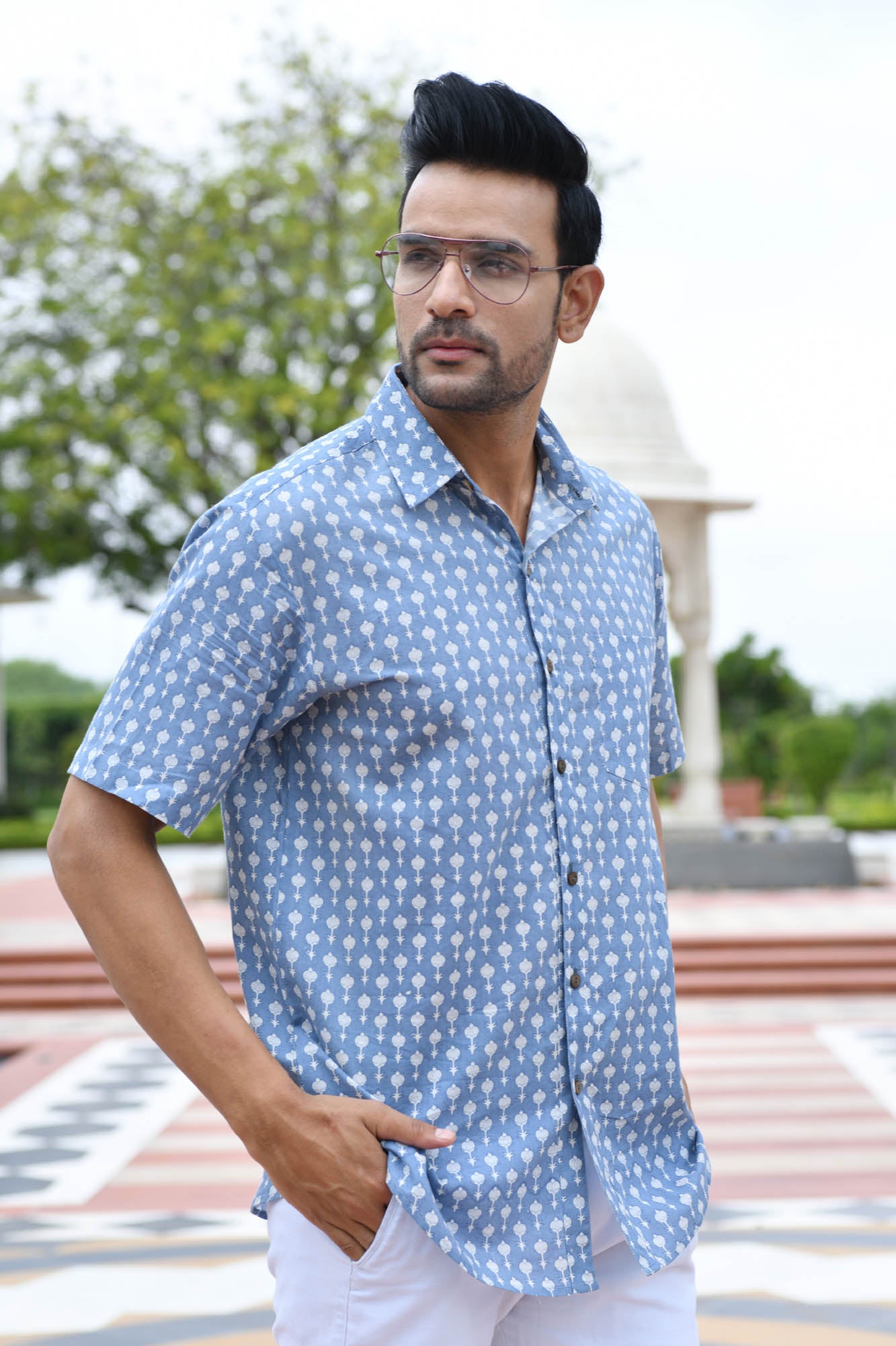 Men Block Motif Sky Blue Half Sleeve Shirt