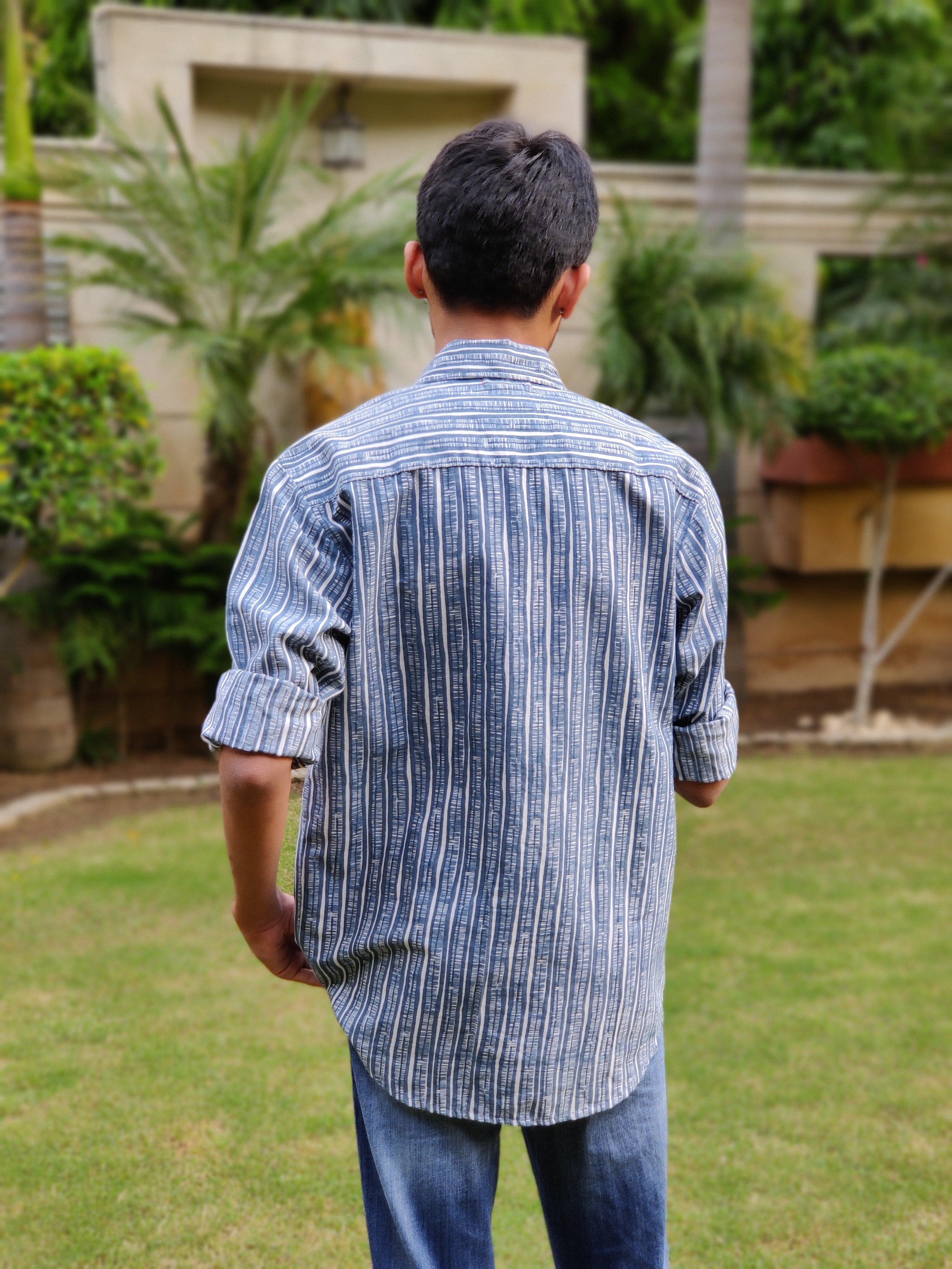 Men Dark Blue Stripes Full Sleeves Shirt