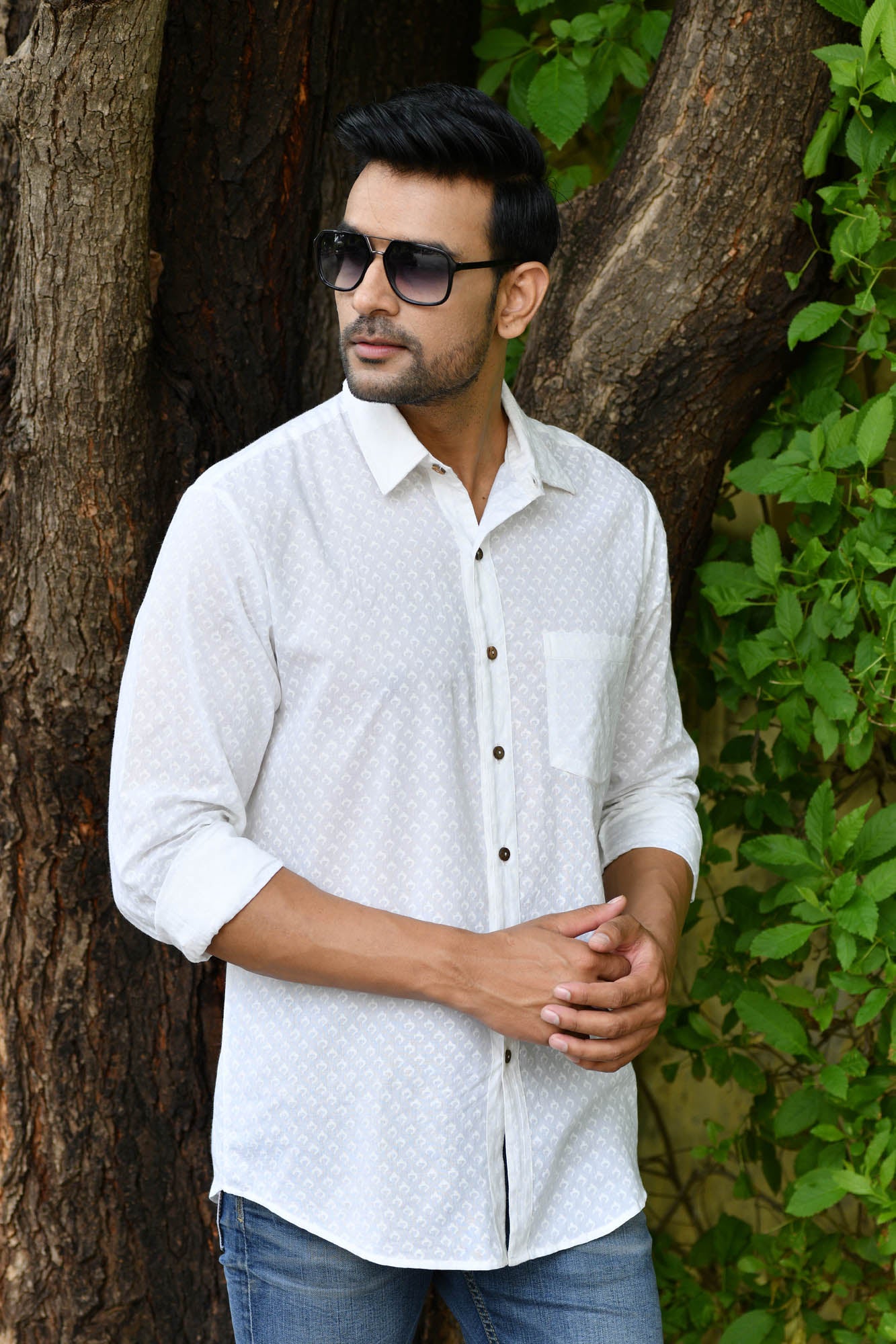Men White On White Full Sleeve Shirt
