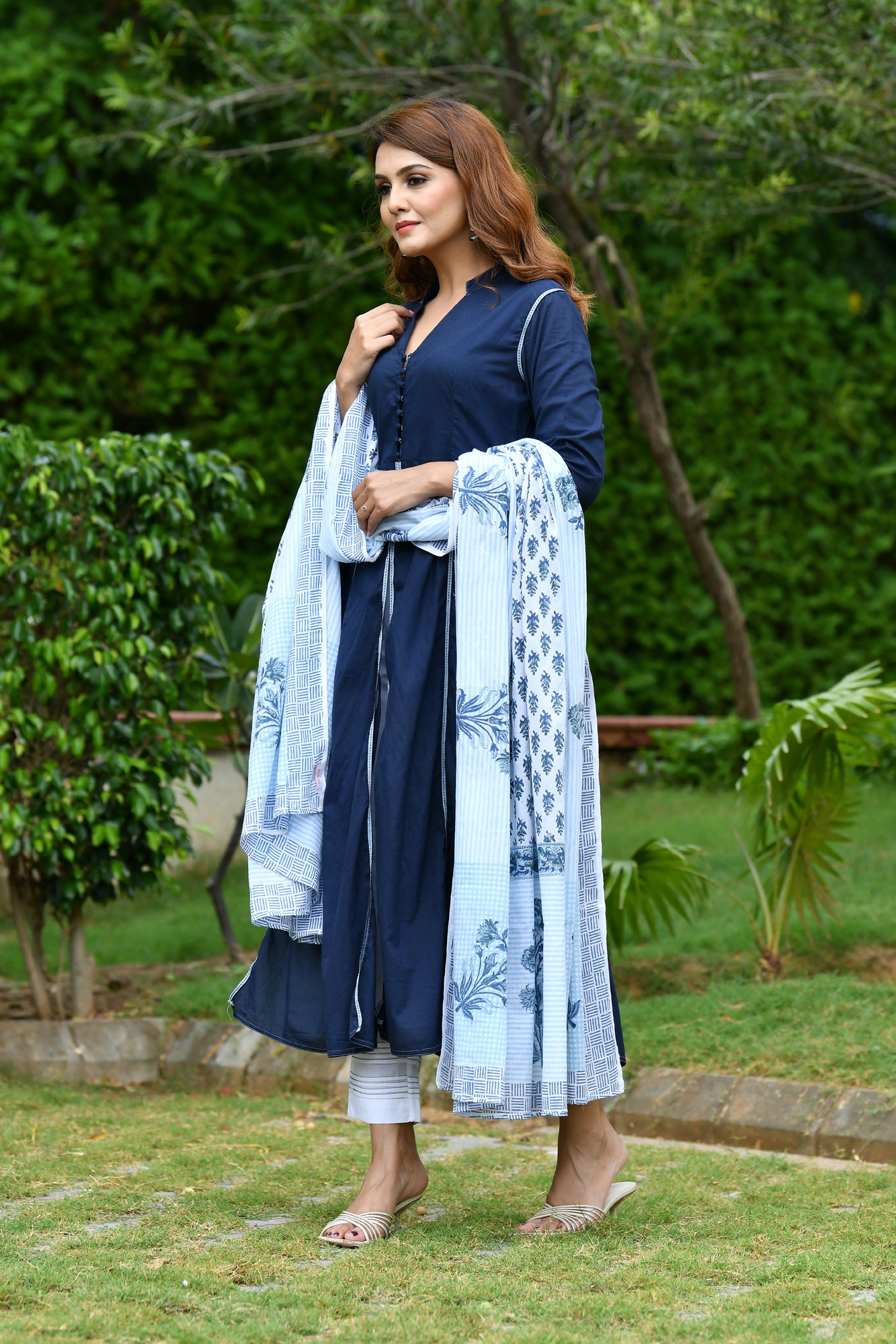 Kurta Long Women Front Open Navy Blue