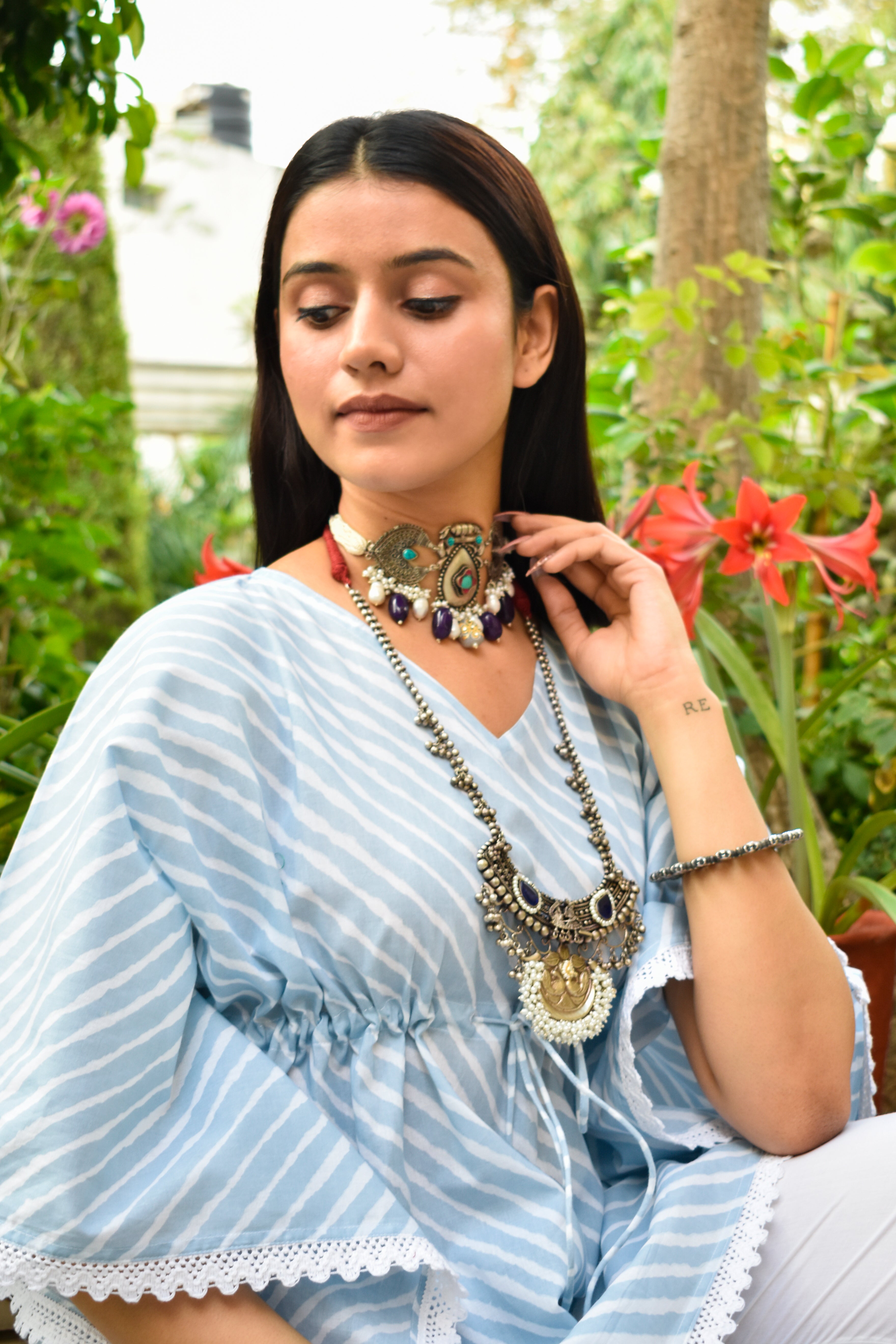 Women Icy Blue Waves Short Kaftan