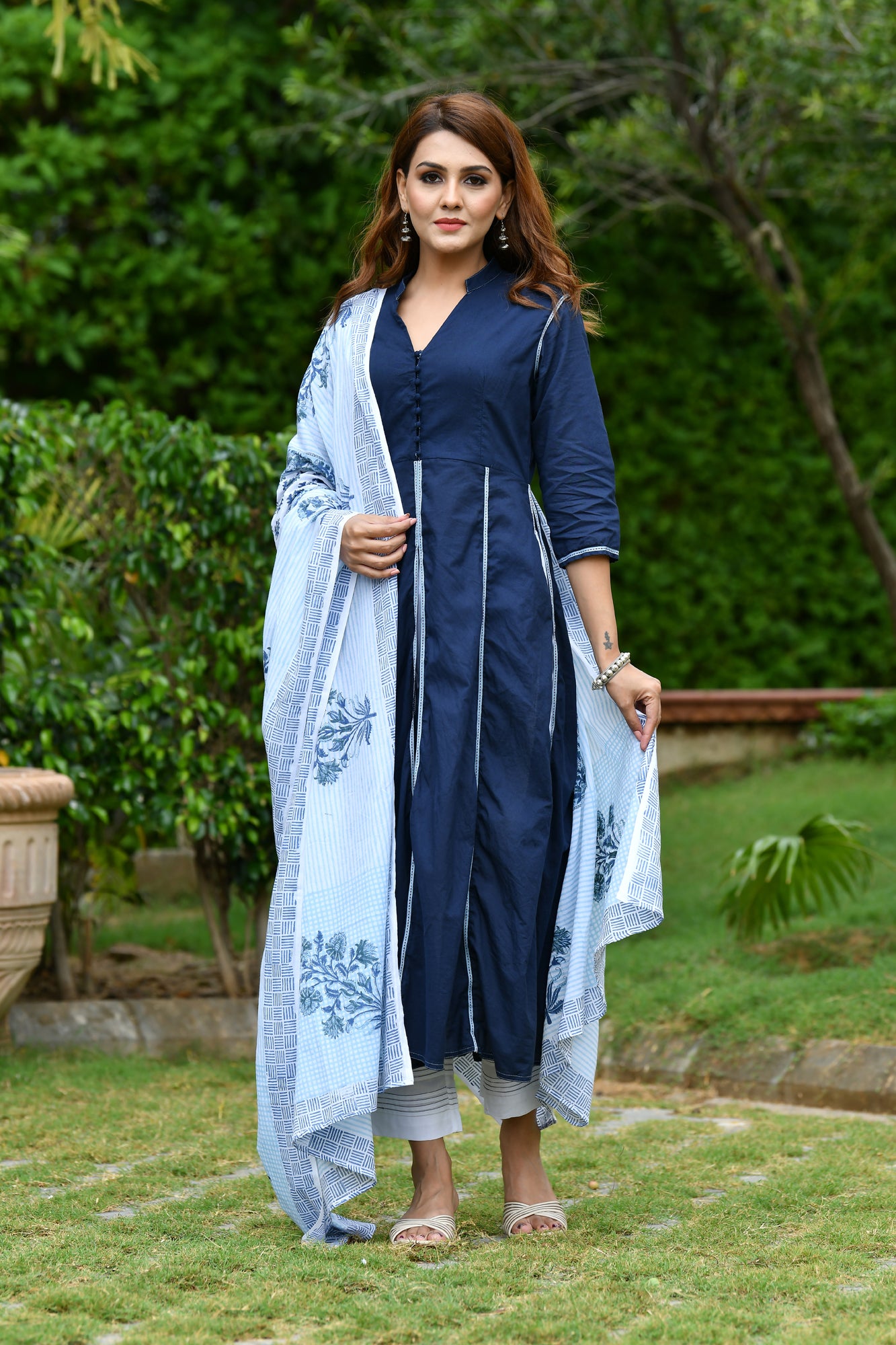 Kurta Long Women Front Open Navy Blue