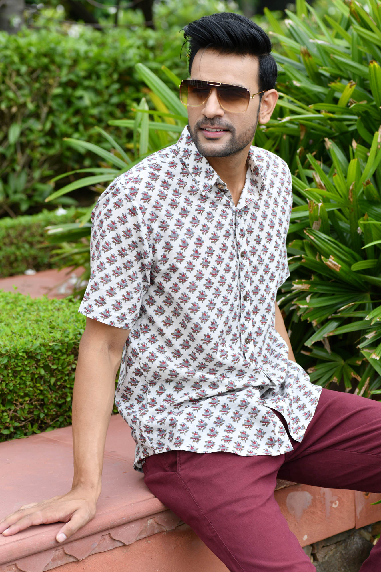 Men Block Motifs Brown & Red Half Sleeve Shirt