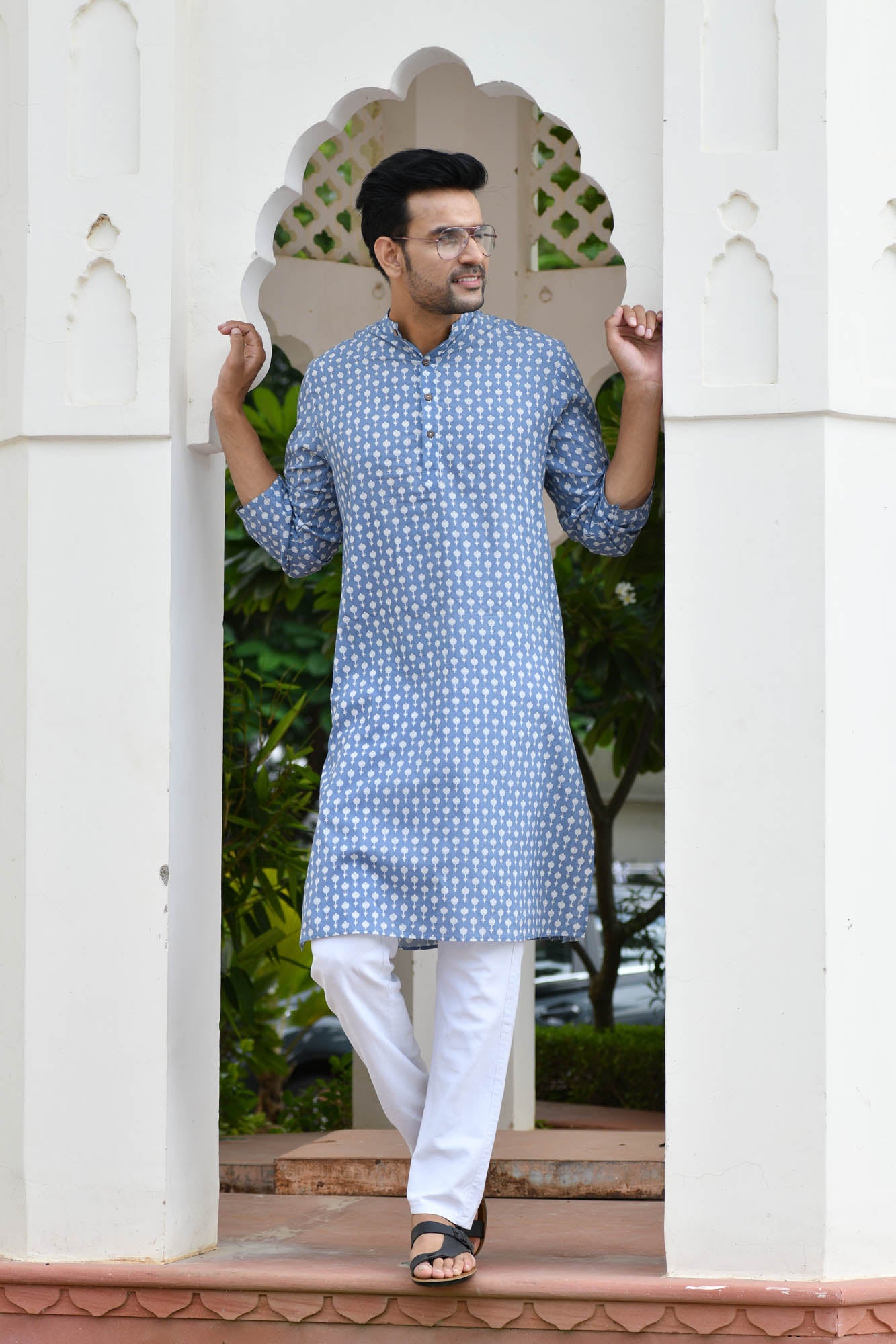 Kurta Long Mens Block Motifs Sky Blue