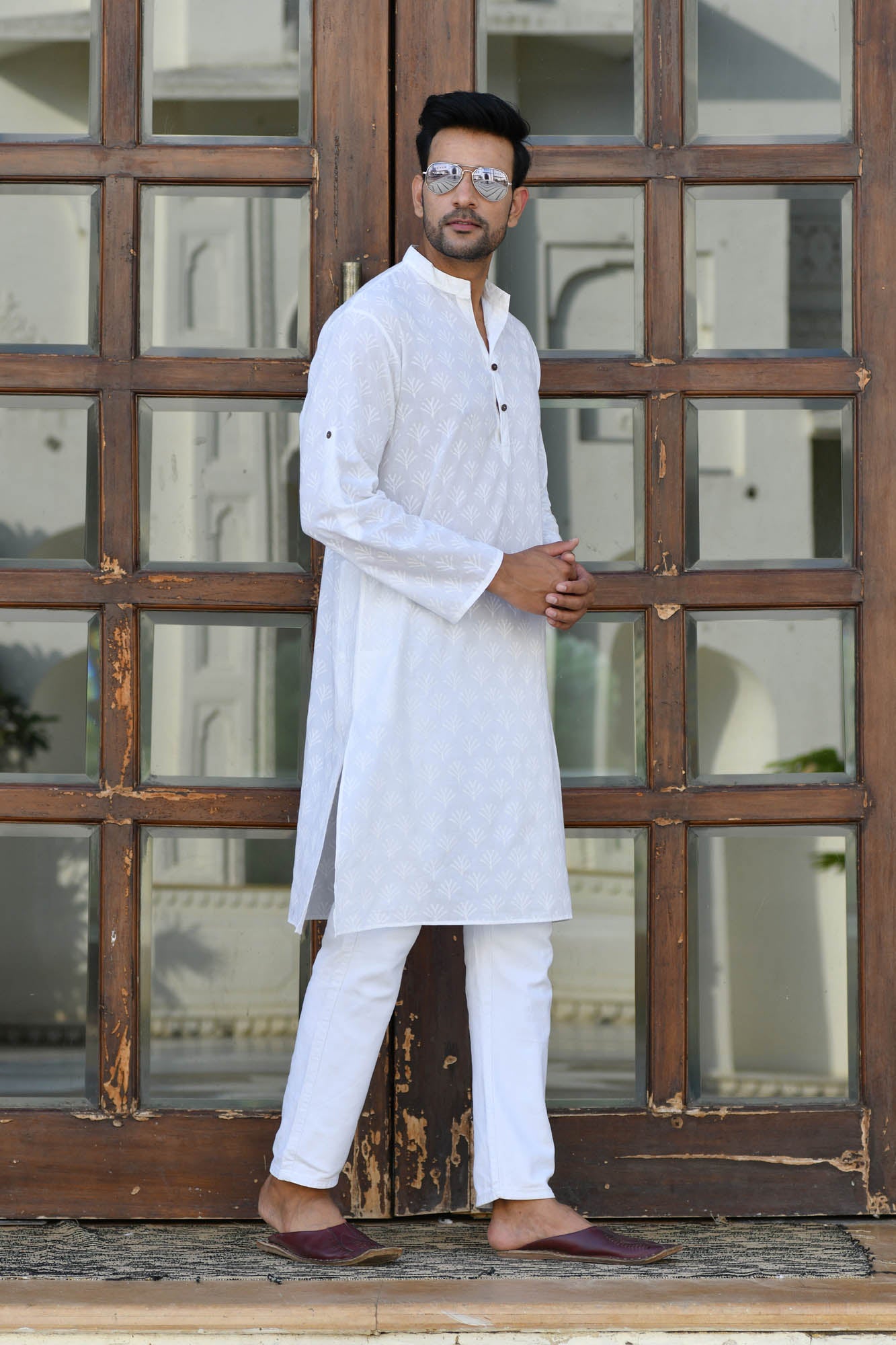 Kurta Long Mens White on White