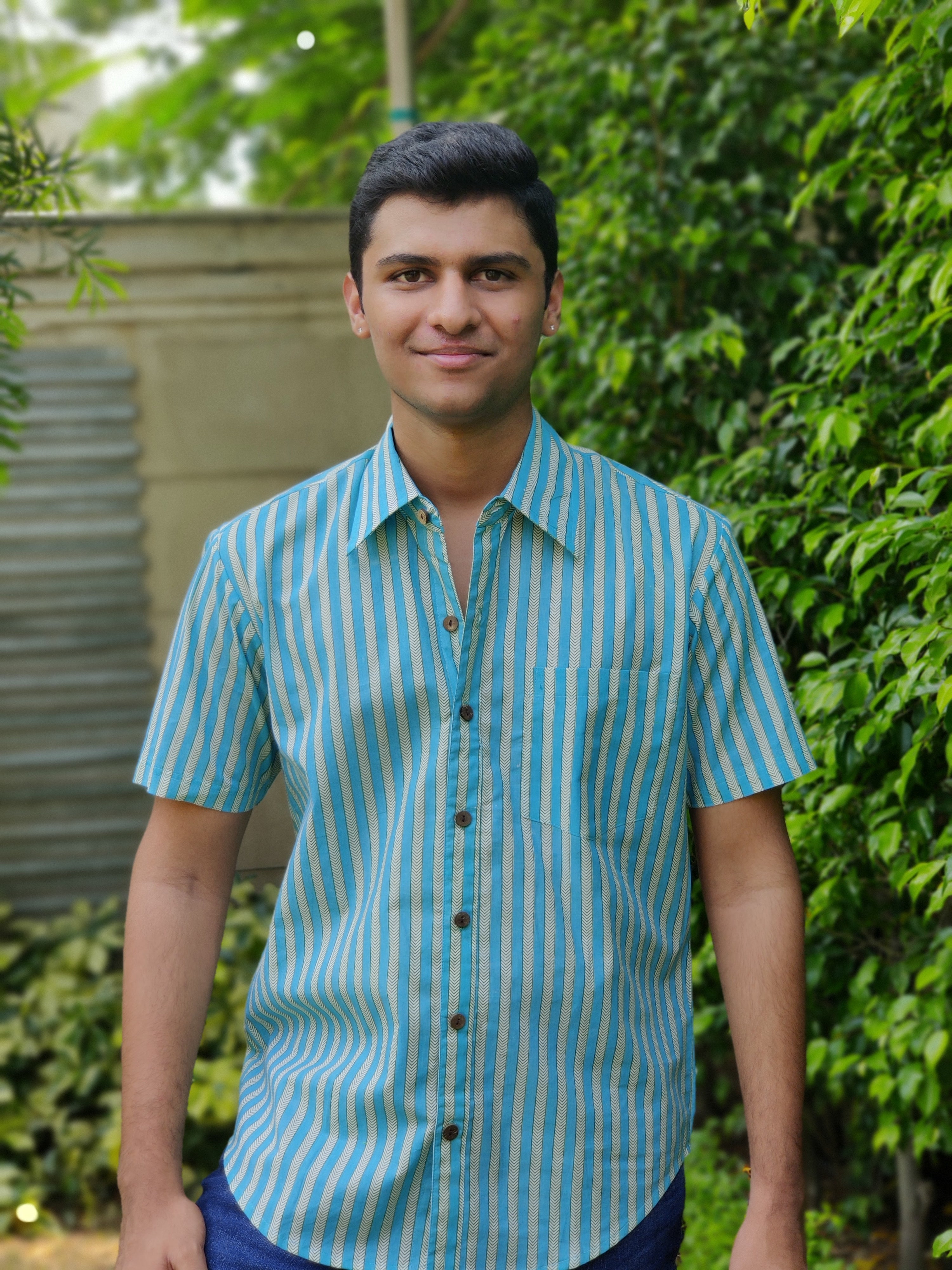 Men Half Sleeve Shirt Blue Stripes