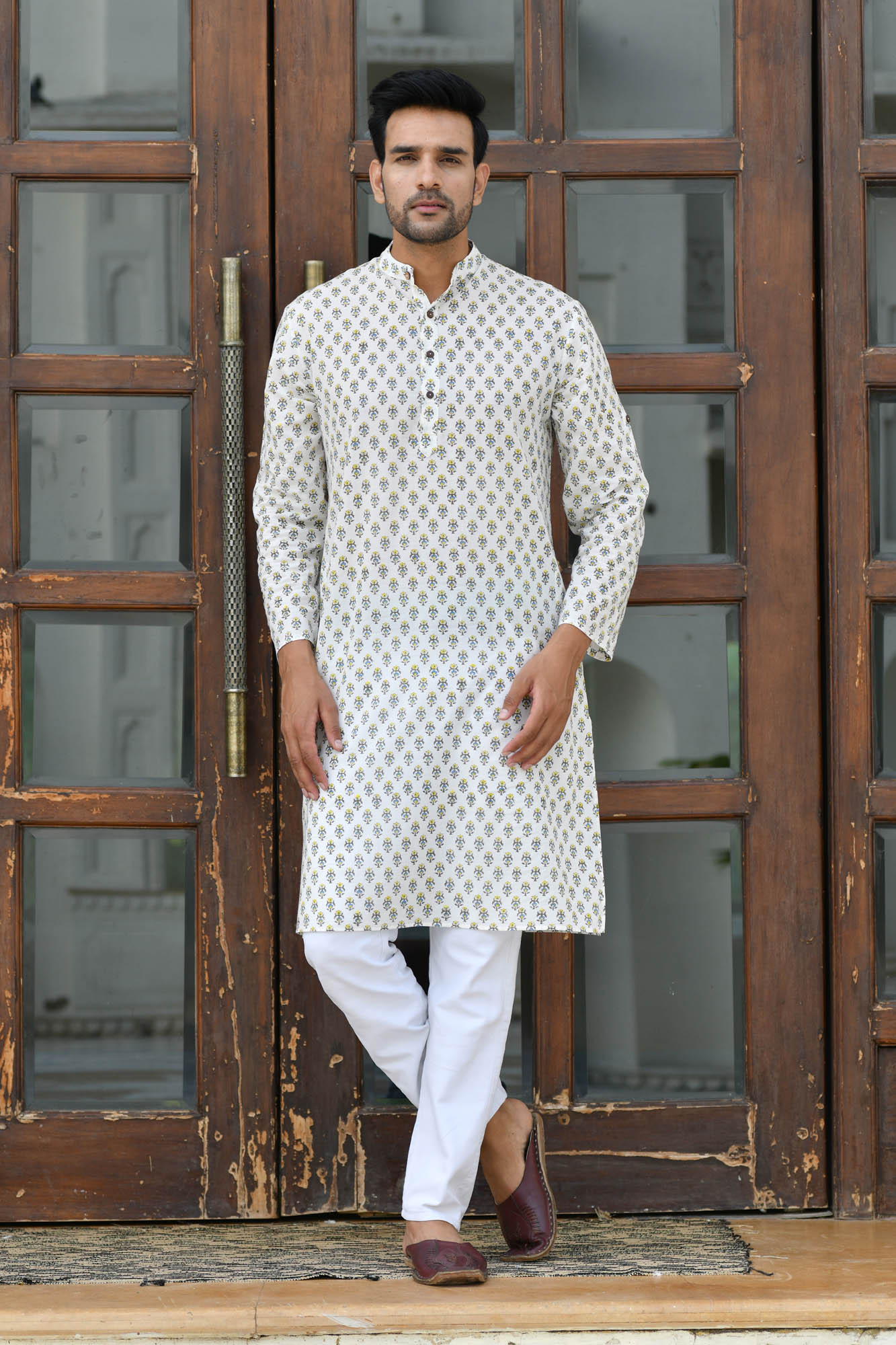 Kurta Long Mens Block Motifs Mustard