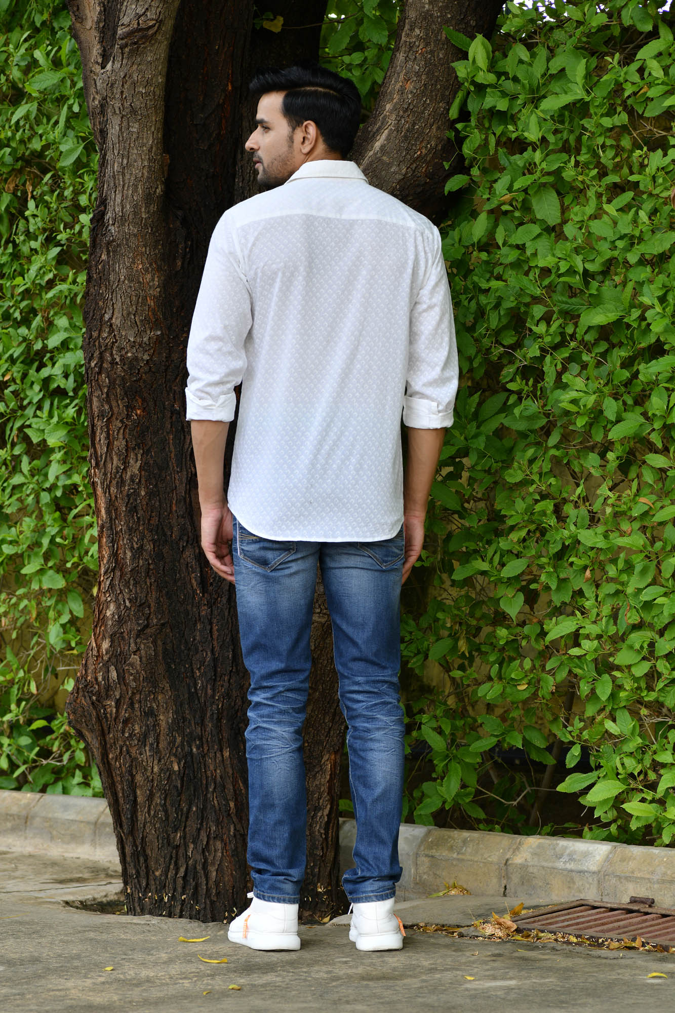 Men White On White Full Sleeve Shirt