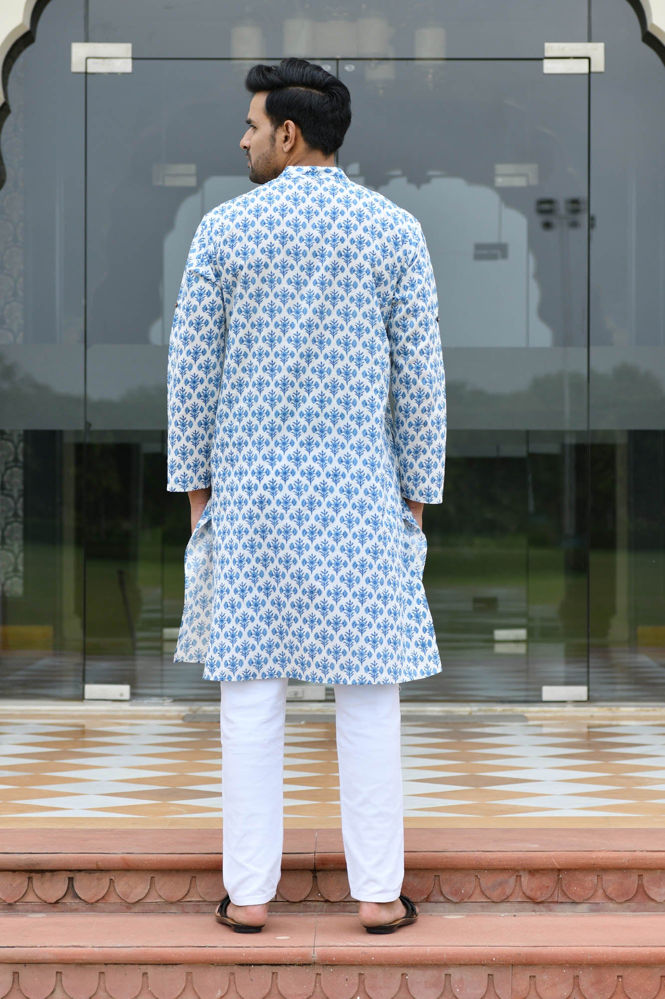 Kurta Long Mens Block Motifs Floral Blue