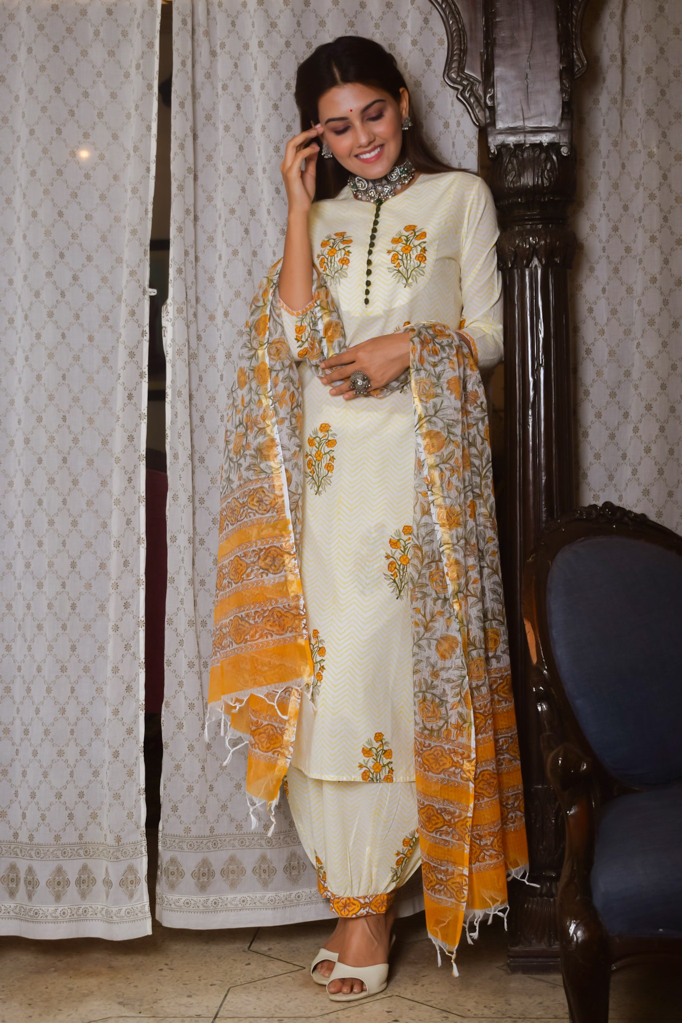 Women Sunshine Yellow Mughal Boota Suit-Set of 3
