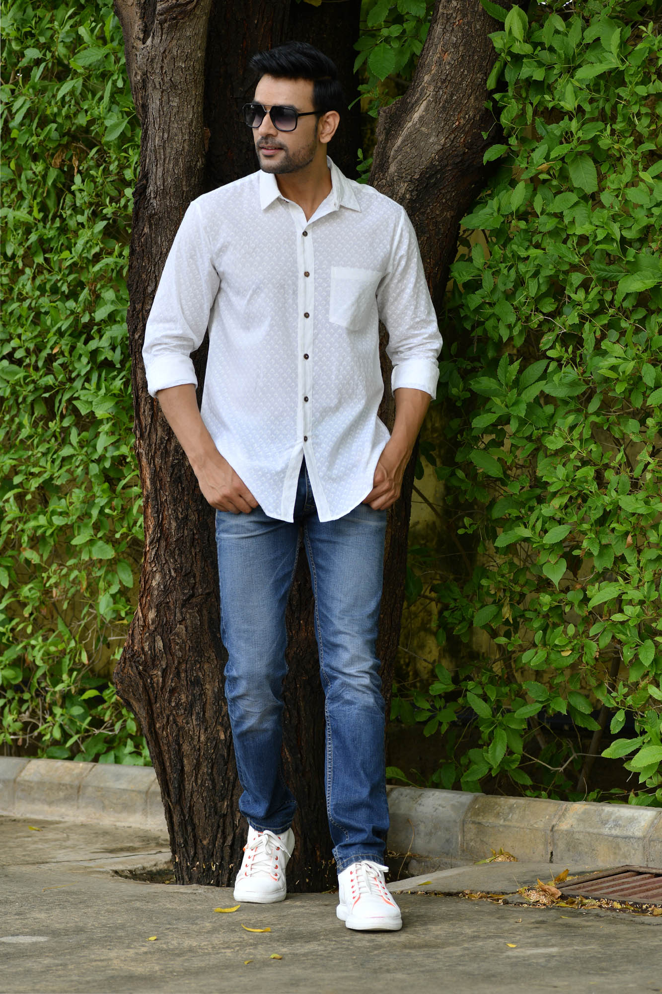 Men White On White Full Sleeve Shirt