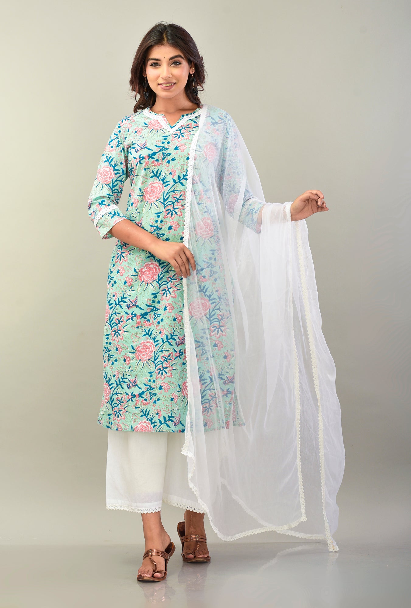 Aqua Blue Rose Kurta Suit Set/3