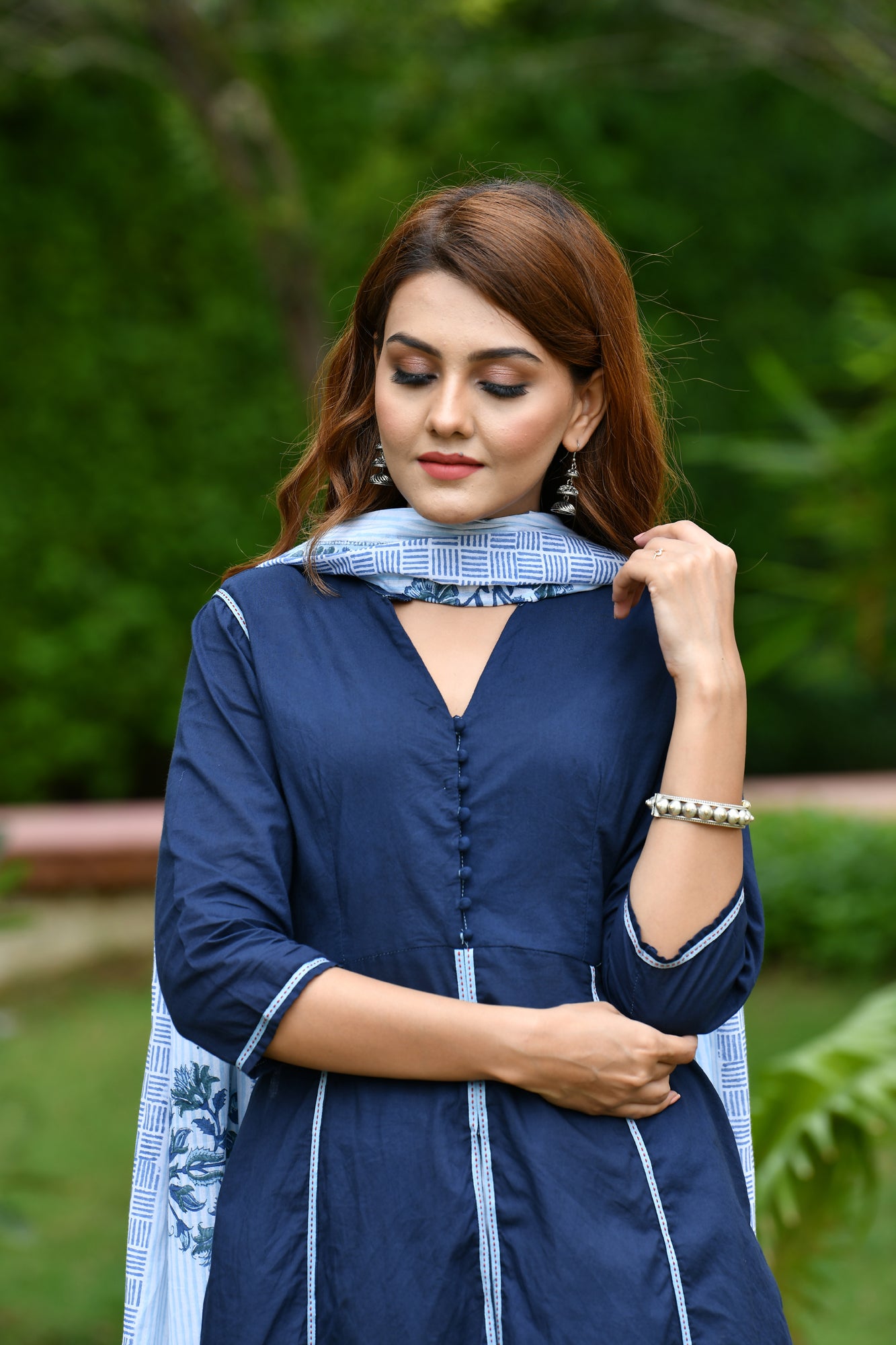 Kurta Long Women Front Open Navy Blue