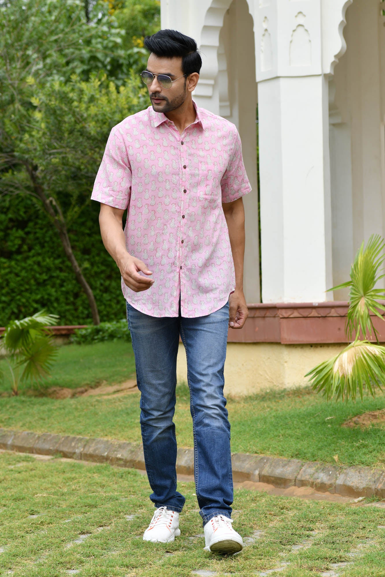 Men Pink Pine Half Sleeve Shirt