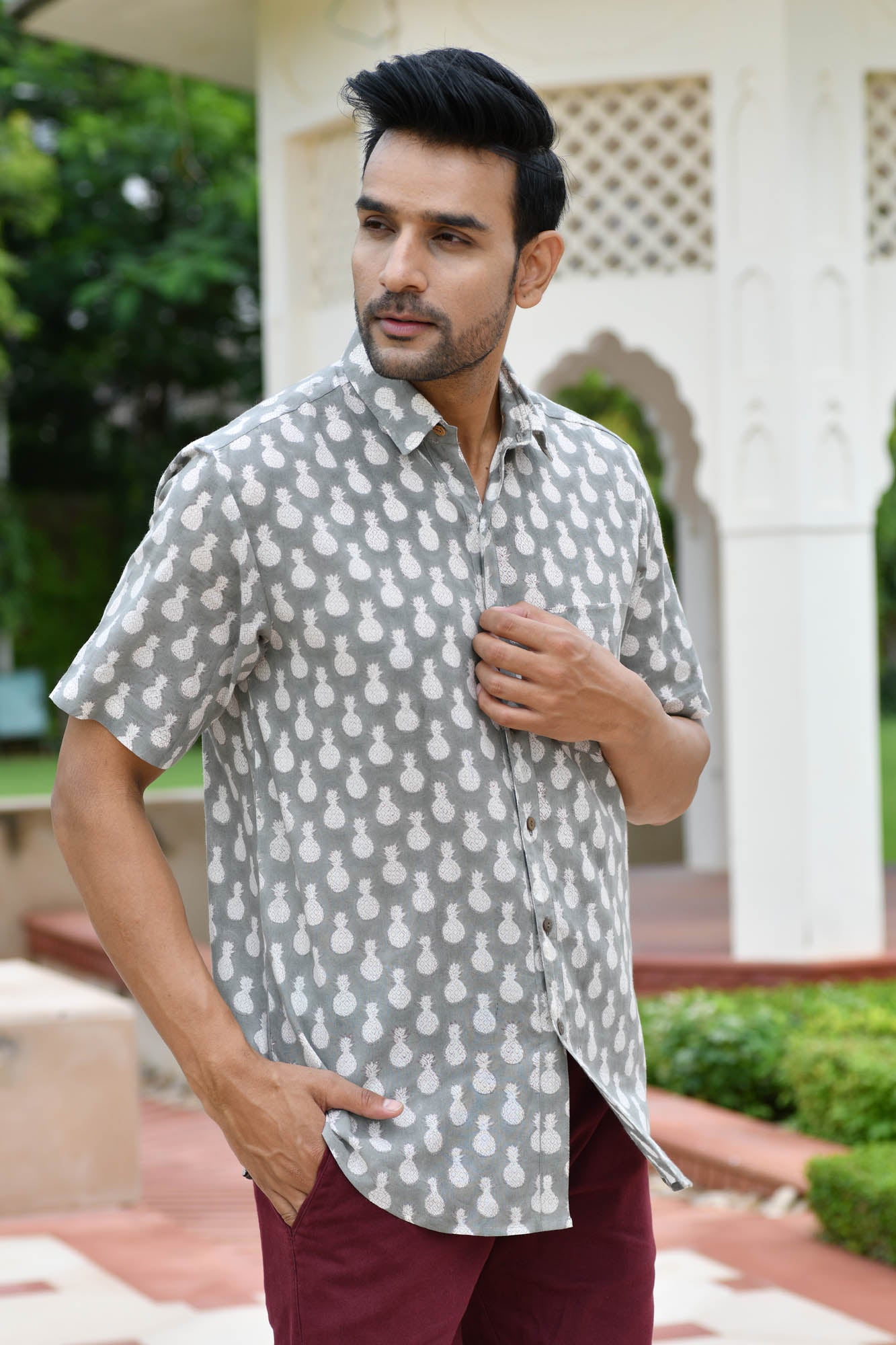 Men Grey Pineapple Half Sleeve Shirt