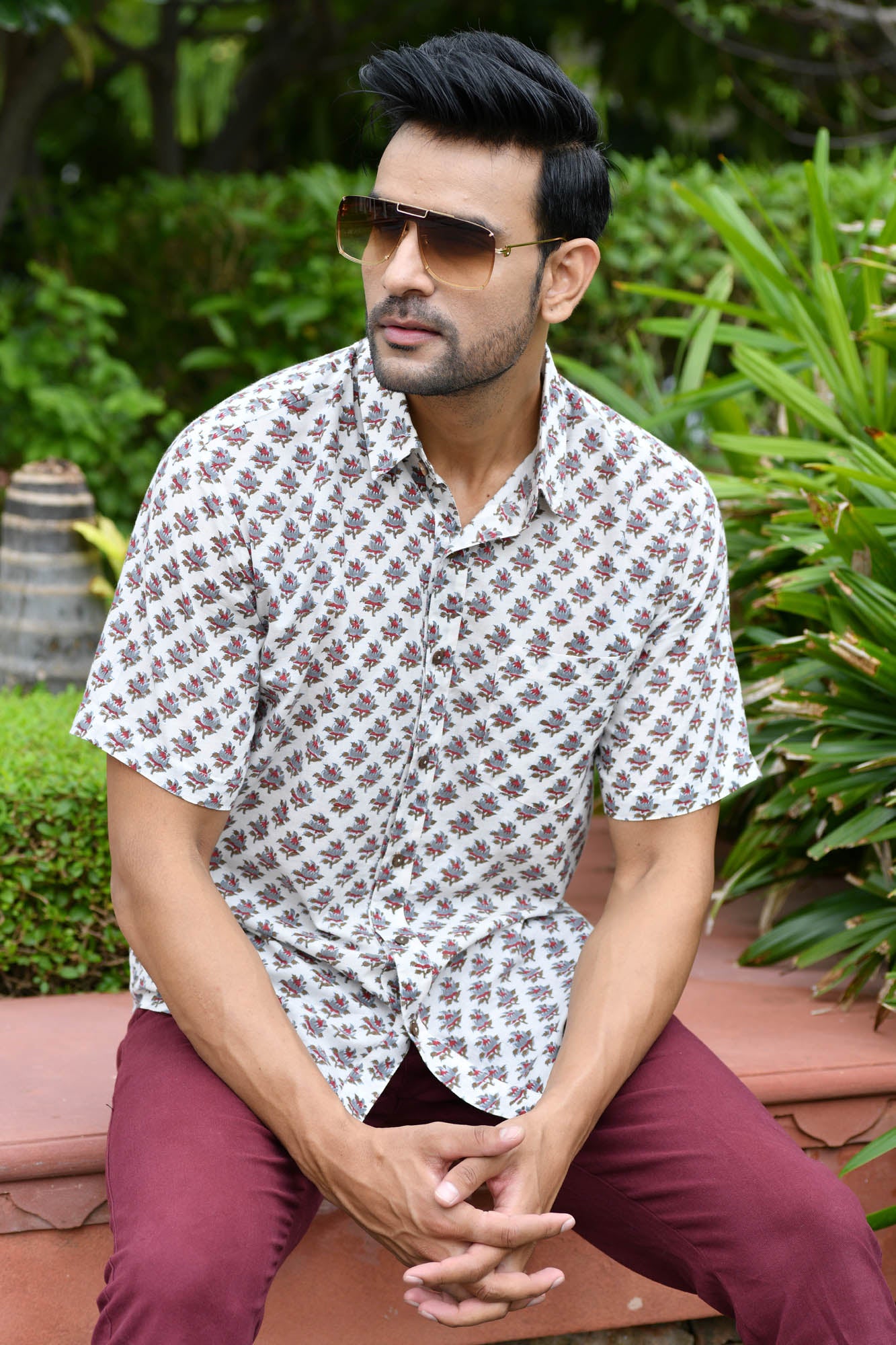 Men Block Motifs Brown & Red Half Sleeve Shirt