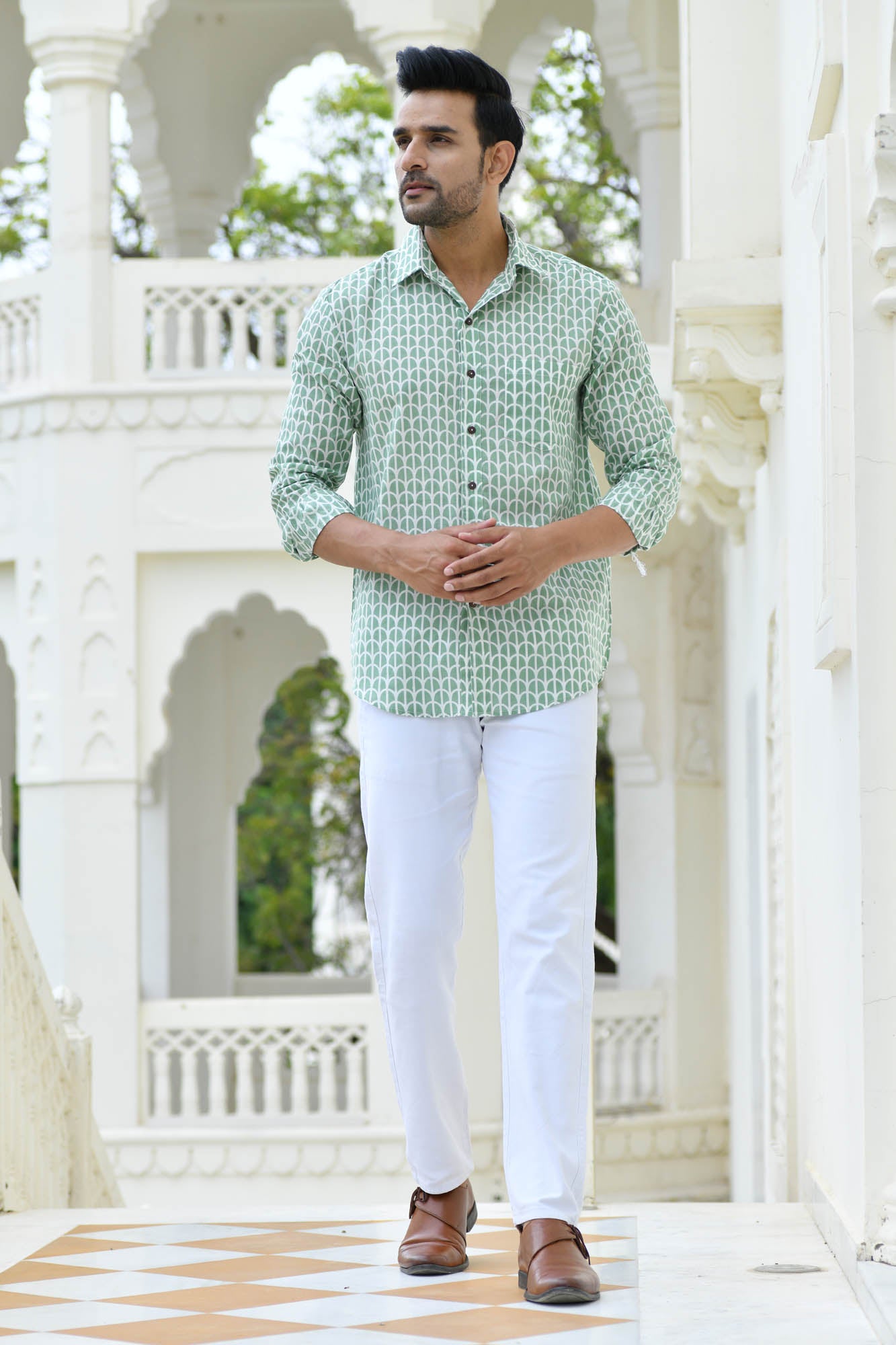 Men Full Sleeve Shirt Scallop Green Chain