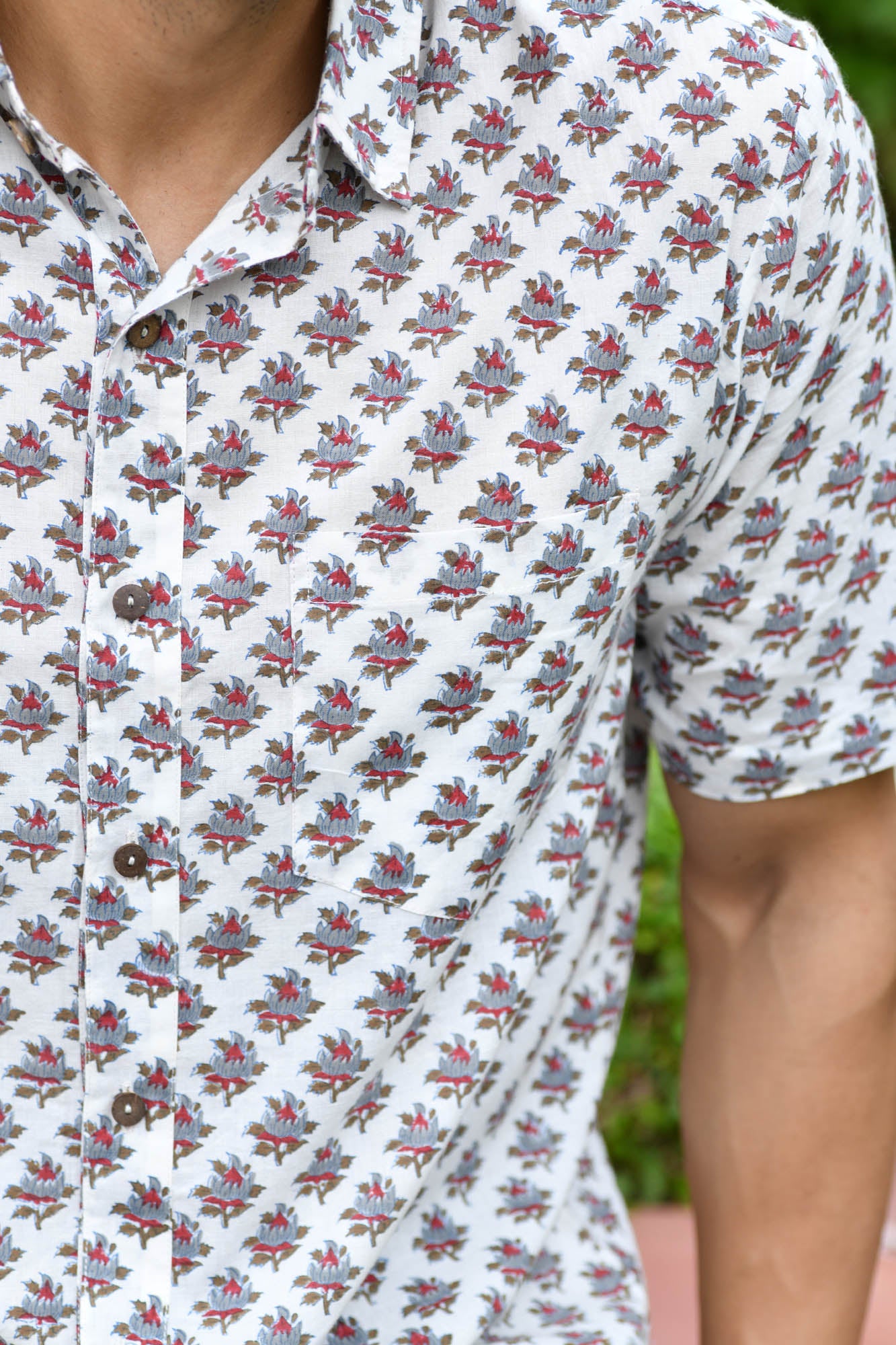 Men Block Motifs Brown & Red Half Sleeve Shirt