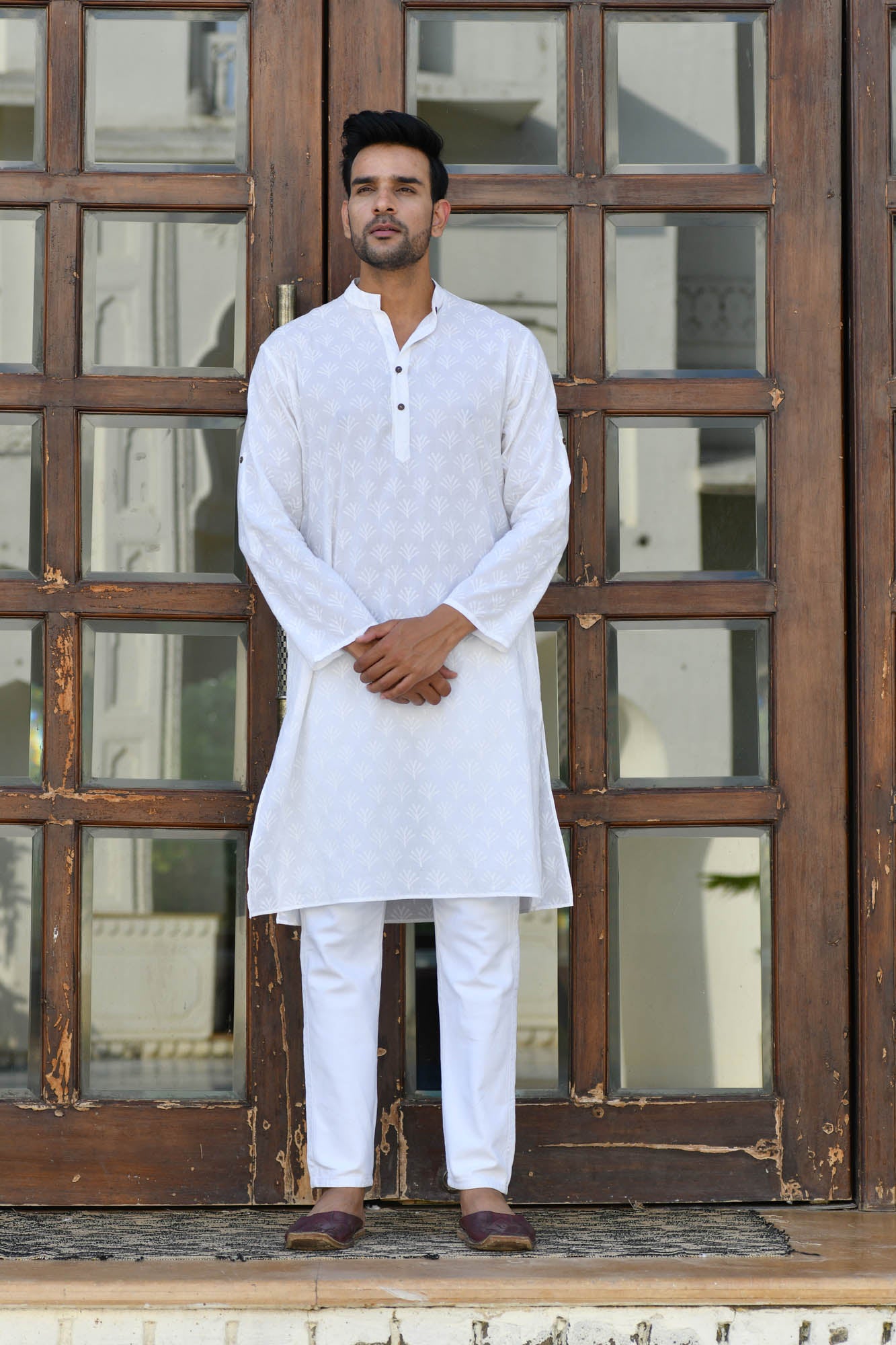 Kurta Long Mens White on White