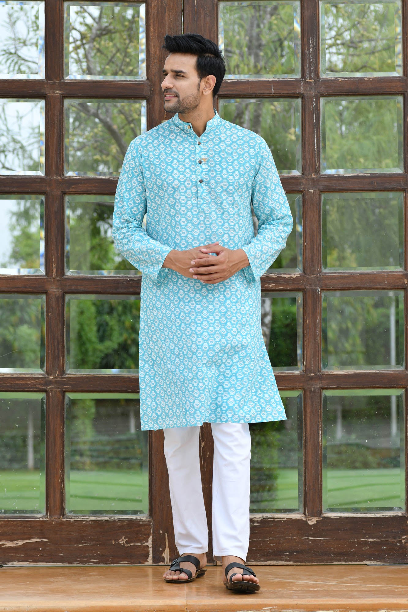 Greek Key Turquoise Long Kurta