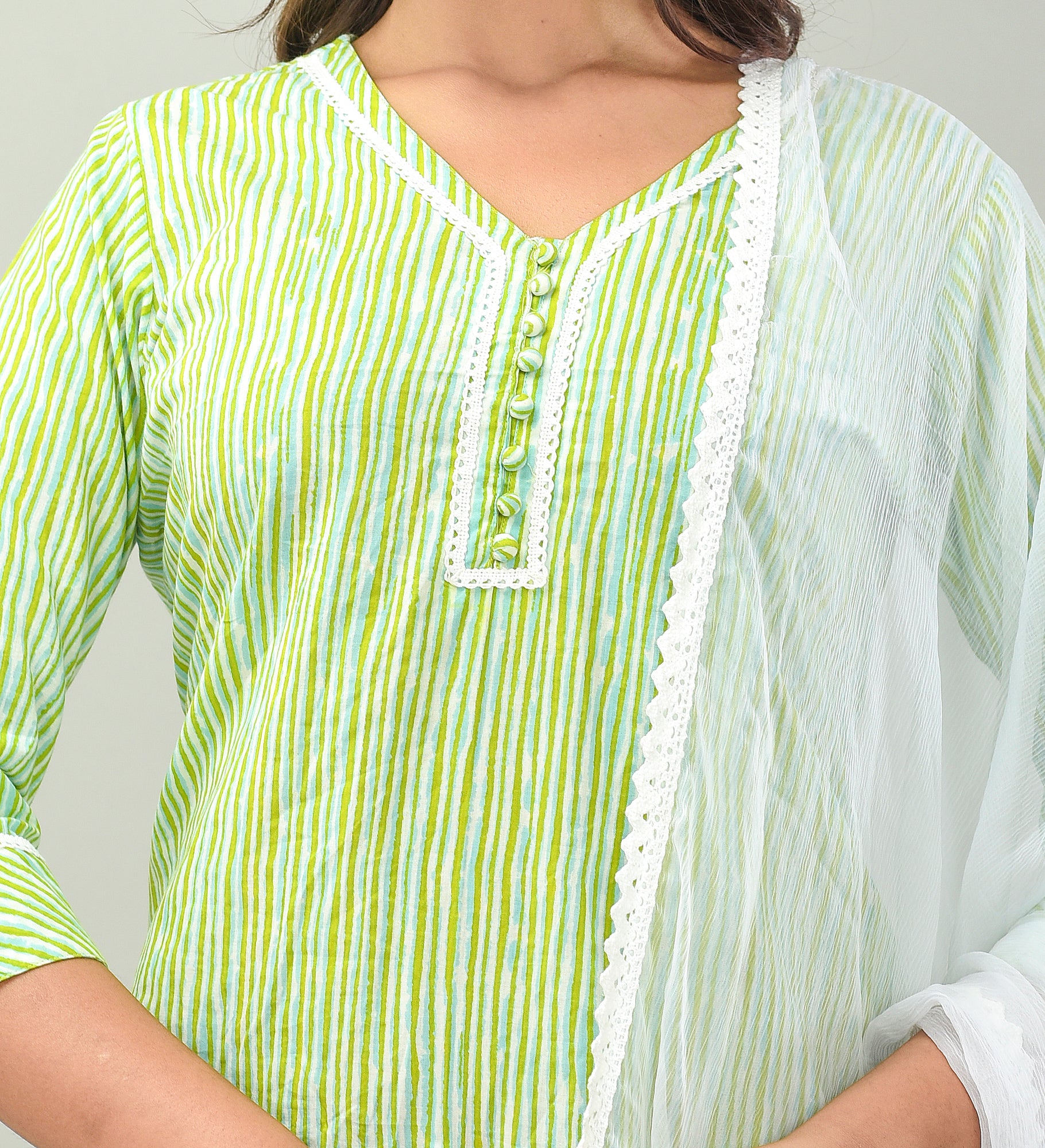 Kurta Set Women Set of 2 French Stripes Green