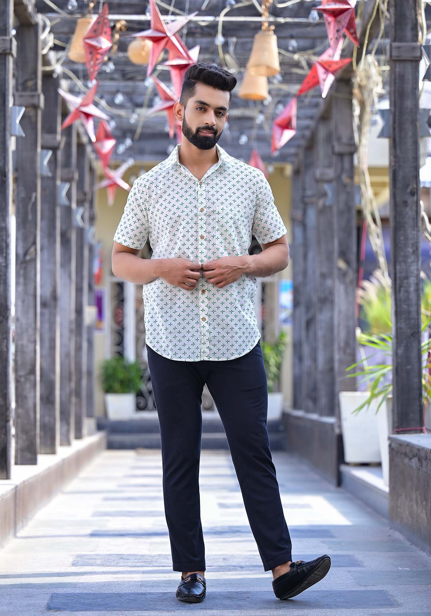 Mens Half Sleeve Shirt Mosiac Tile Green