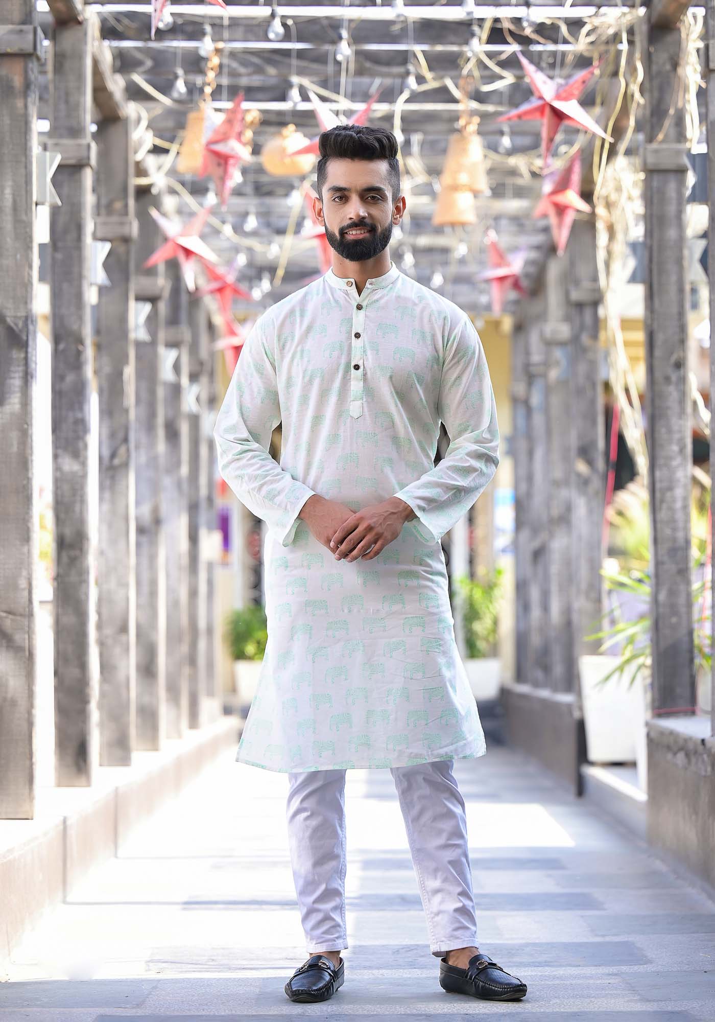 Mens Long Kurta Green Elephant