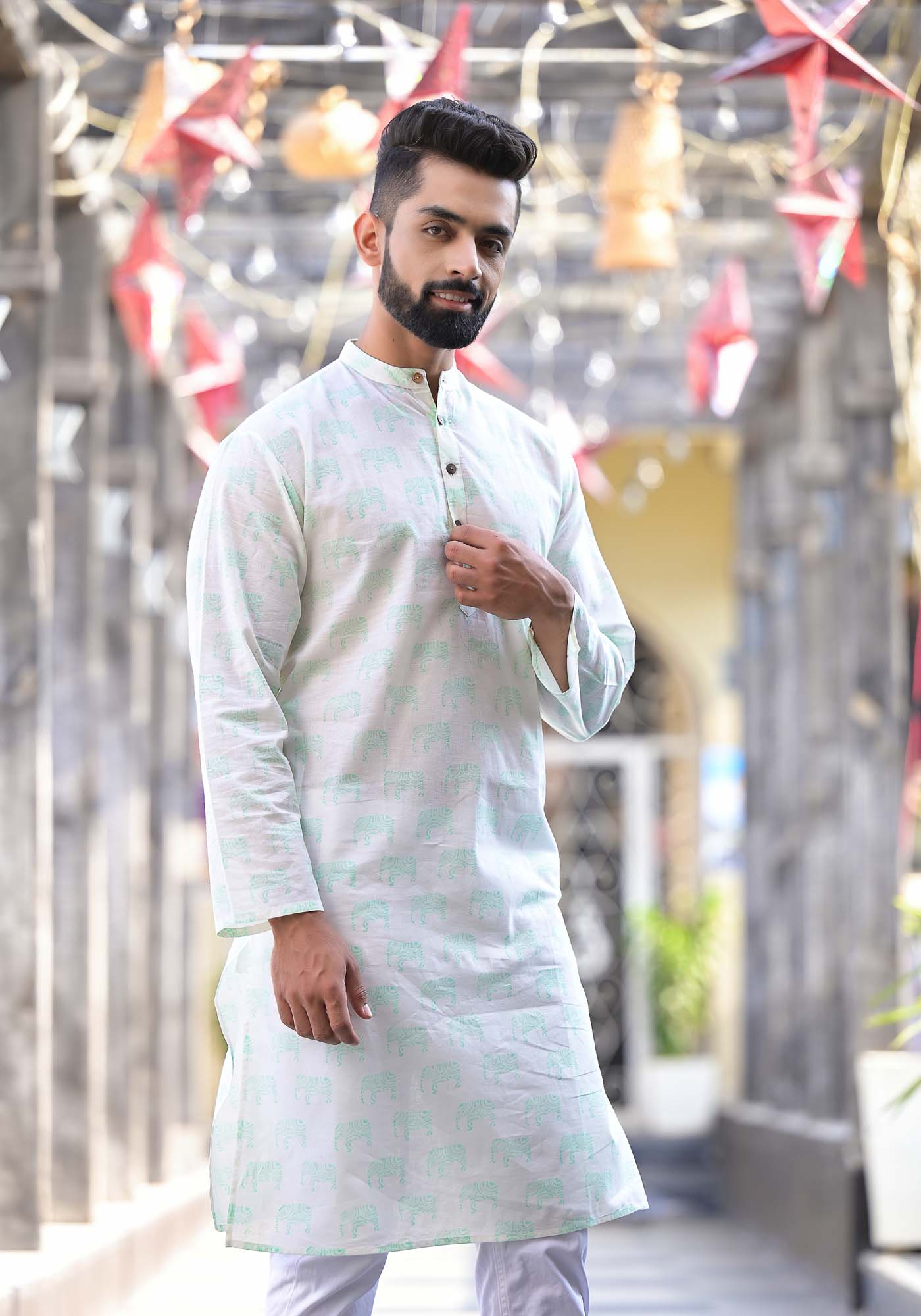 Mens Long Kurta Green Elephant