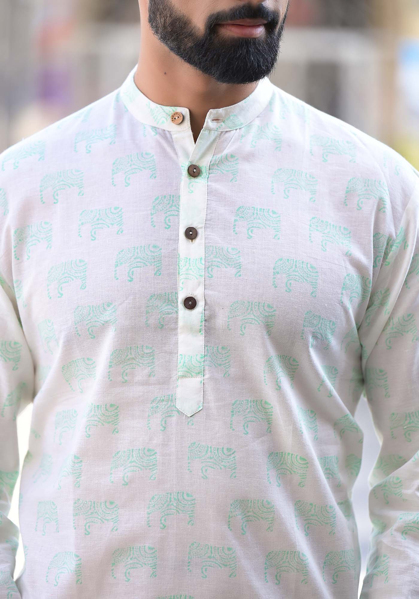 Mens Long Kurta Green Elephant