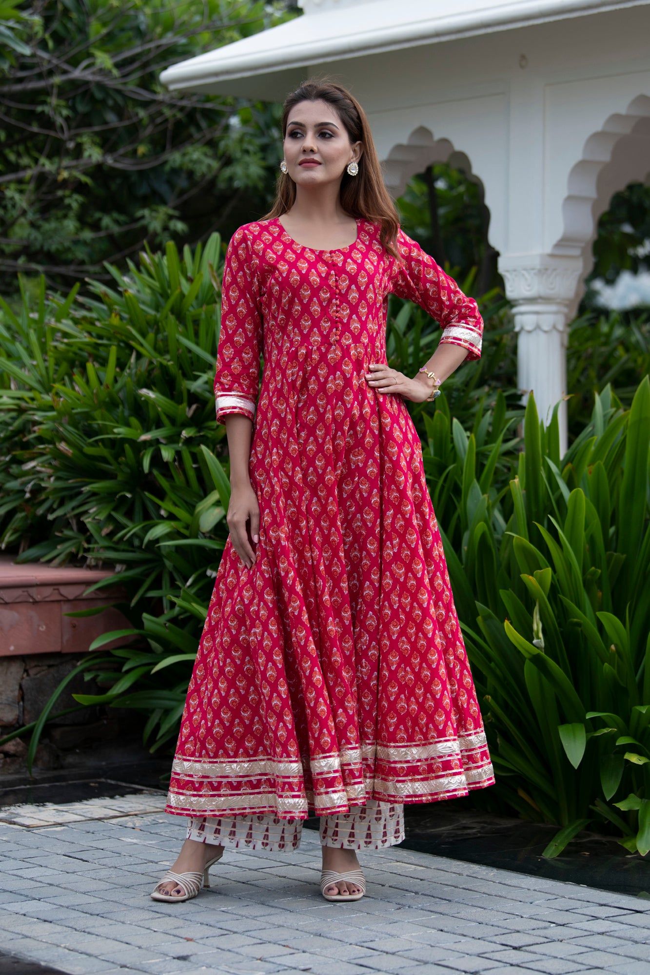 Kurta Long Women Kalidar Red Printed