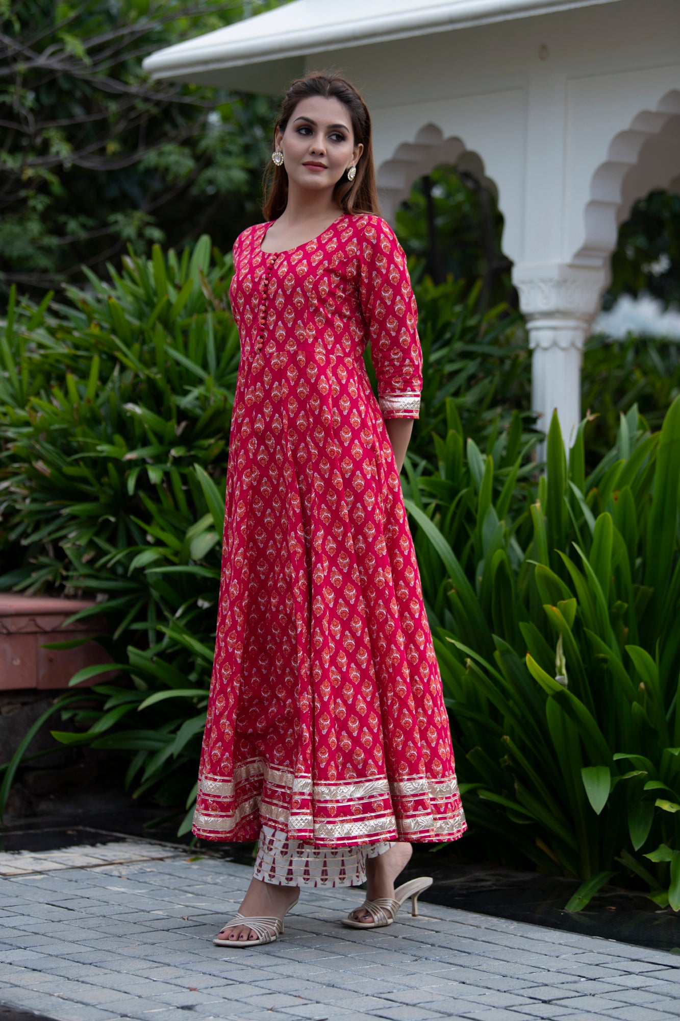 Kurta Long Women Kalidar Red Printed