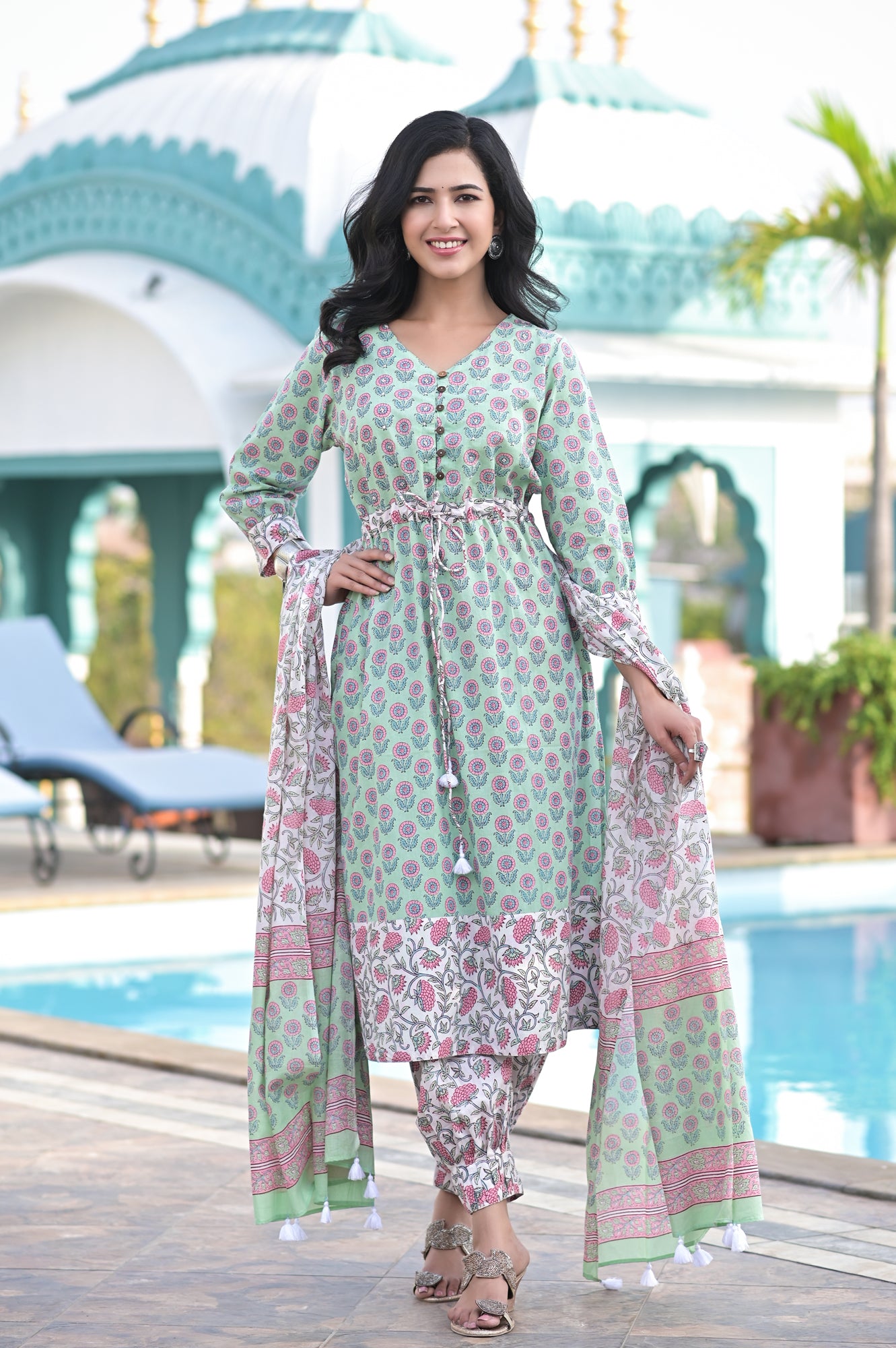 Women Block Motif Teal Suit-Set Of 3