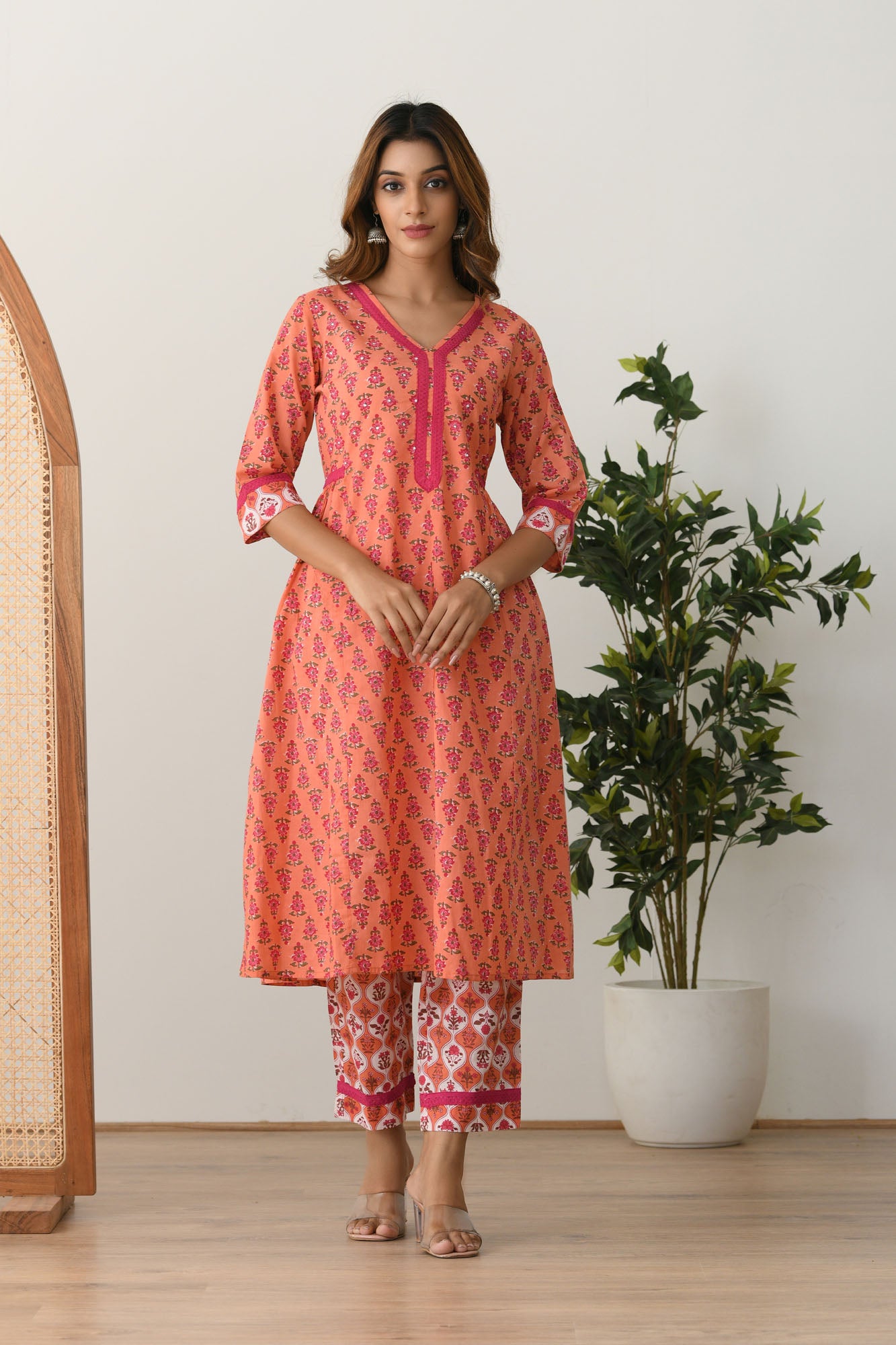 Suit Set of 3 Women Block Motifs Peach