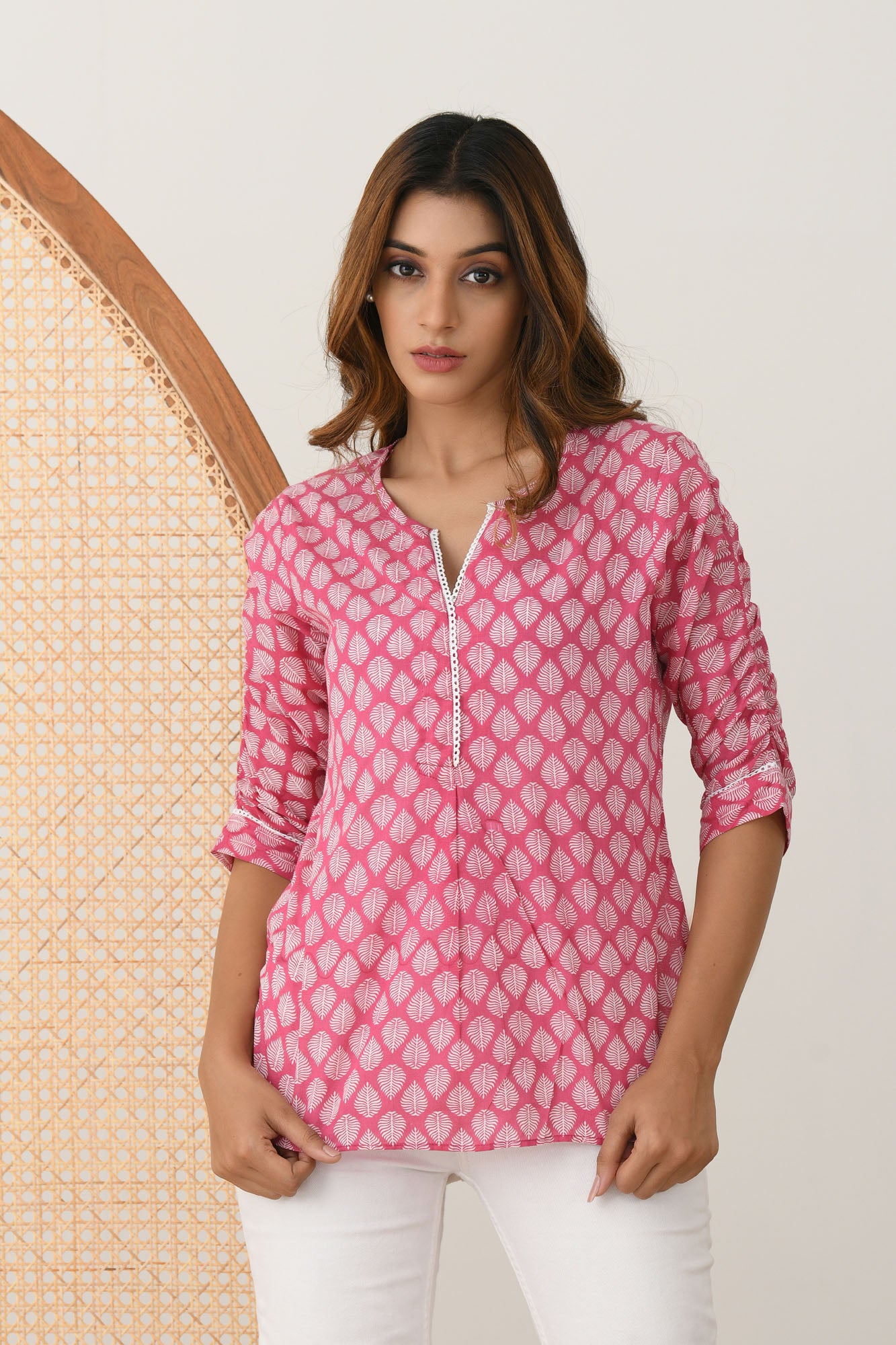 Women Pink Leaf Top