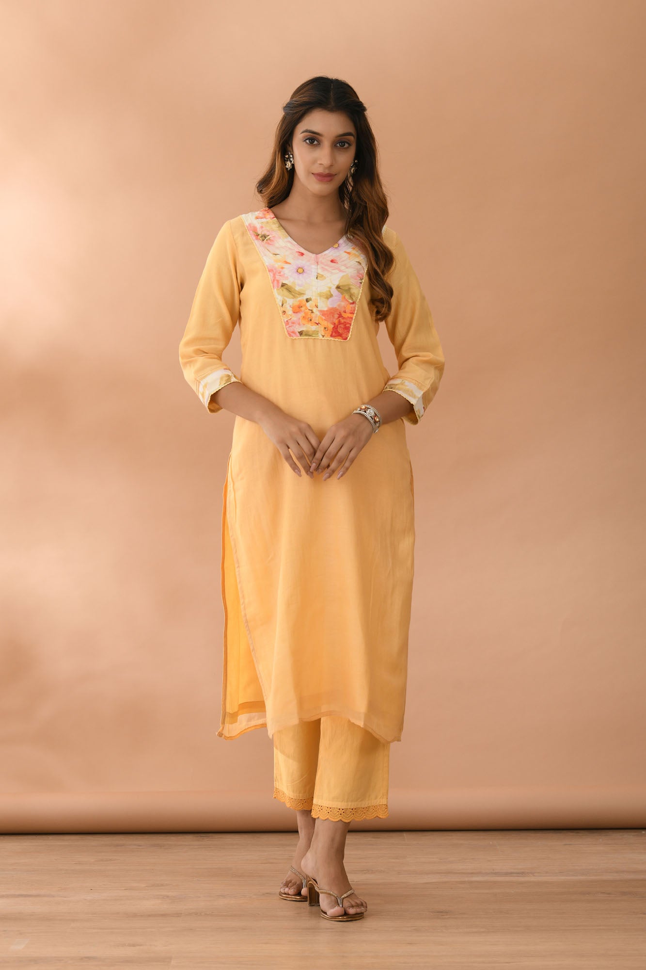 Kurta Set of 2 Women Yellow Chanderi