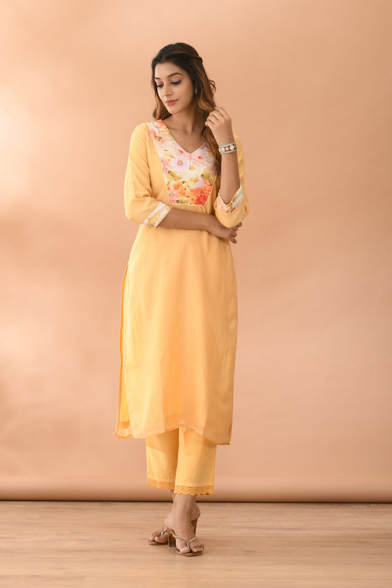 Kurta Set of 2 Women Yellow Chanderi