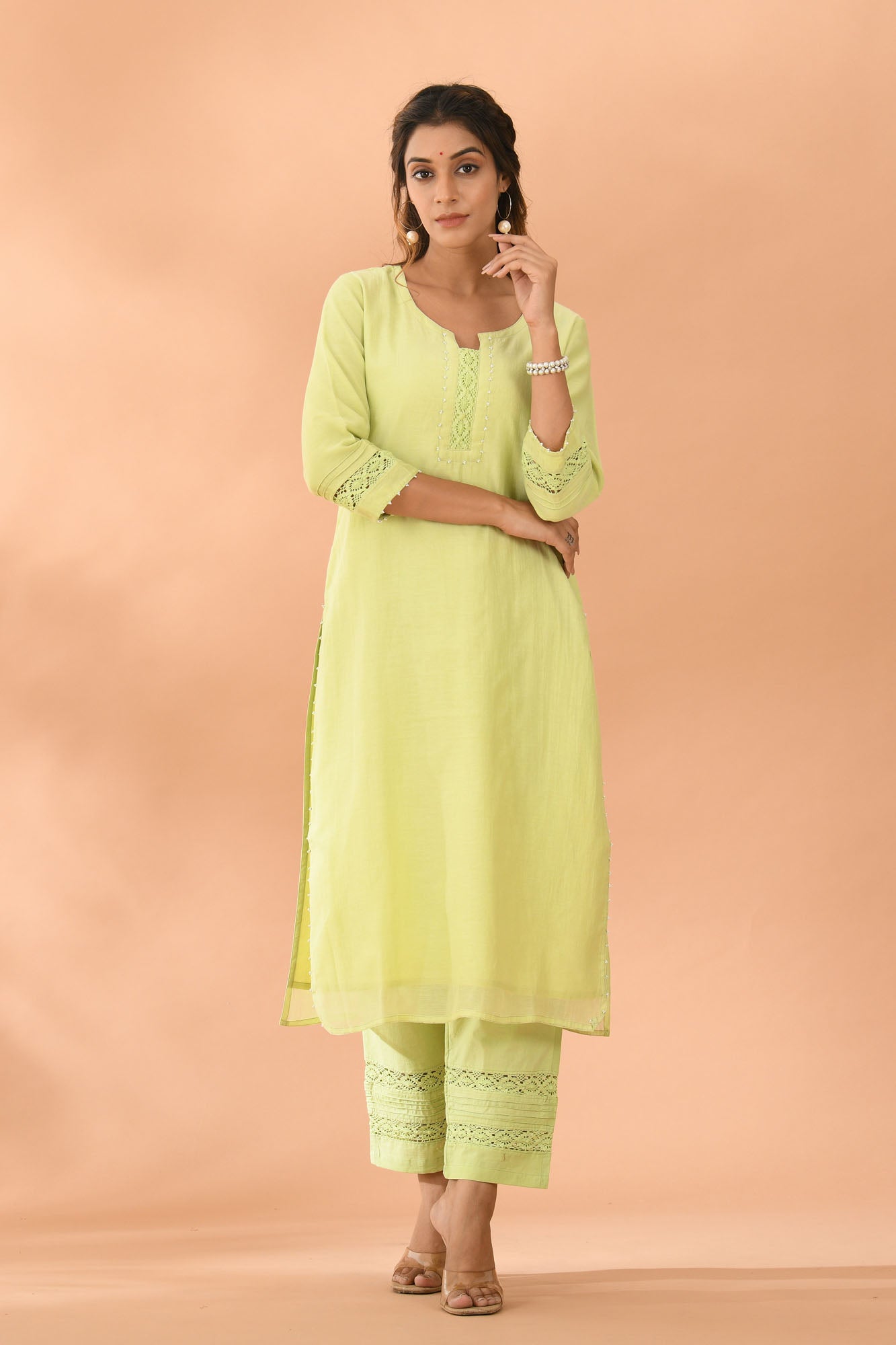 Kurta Set of 2 Women Green Chanderi