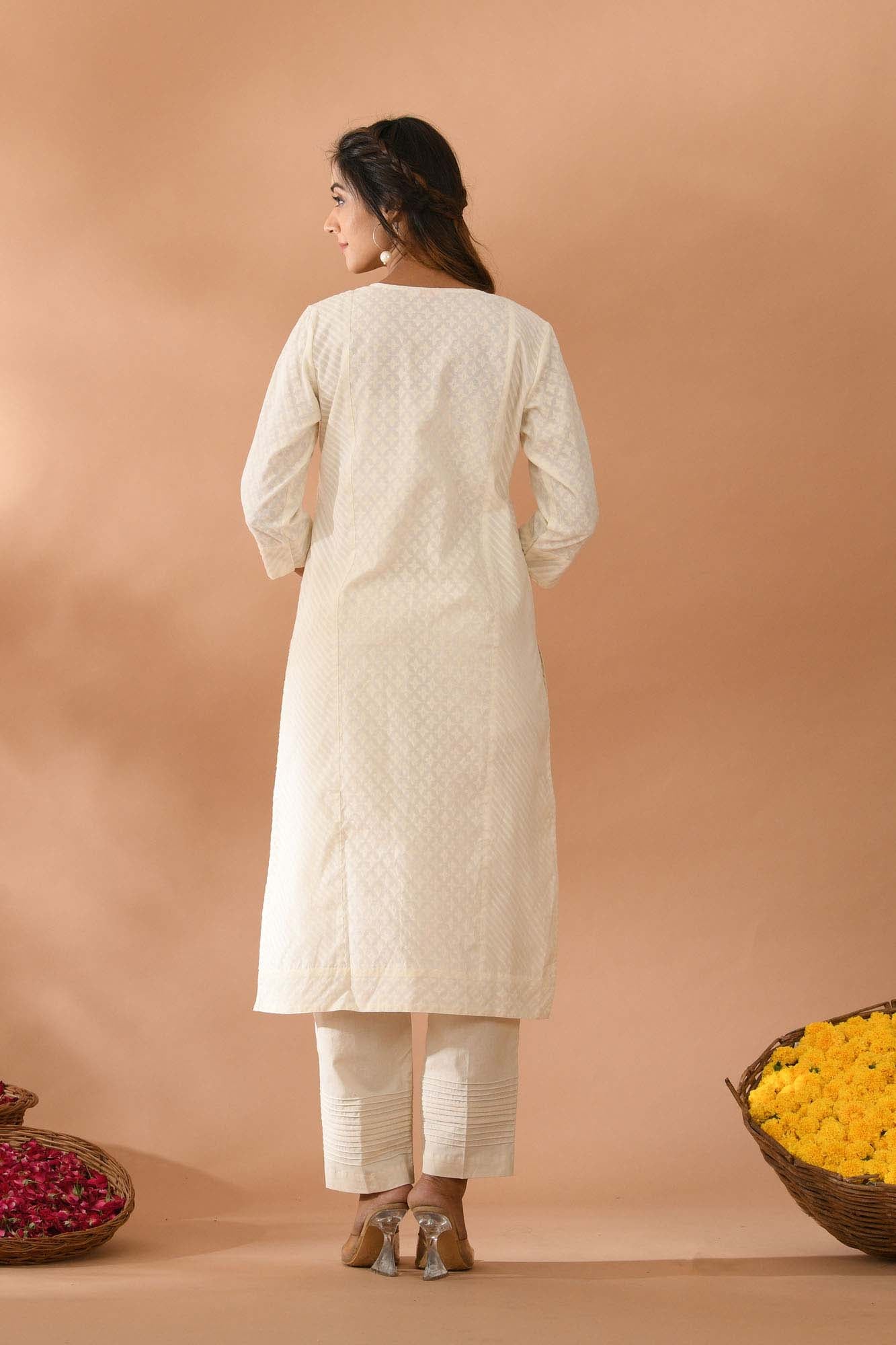 Women Cream Chanderi Kurta With Pant