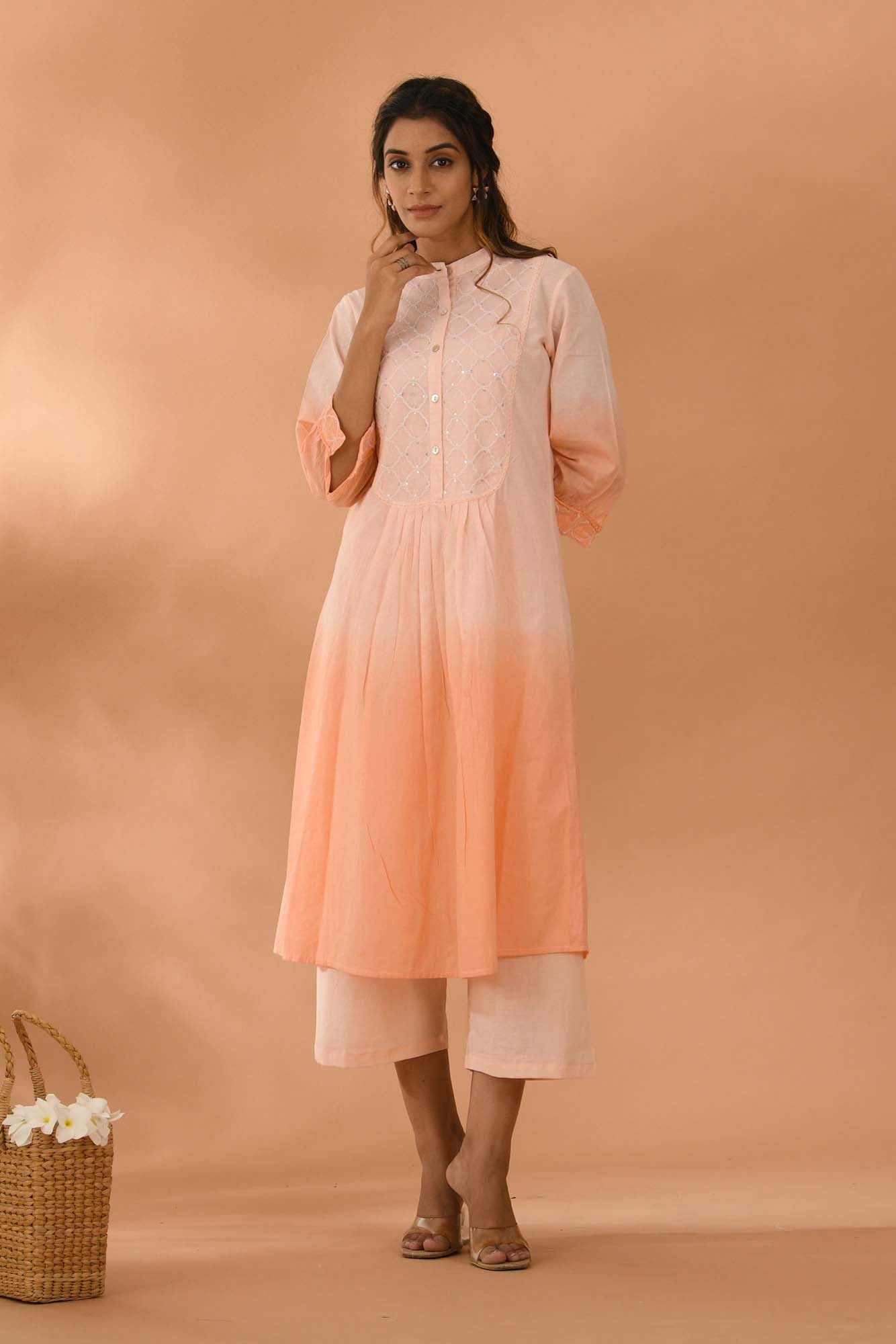 Kurta Set of 2 Women Emroidered Yoke Peach