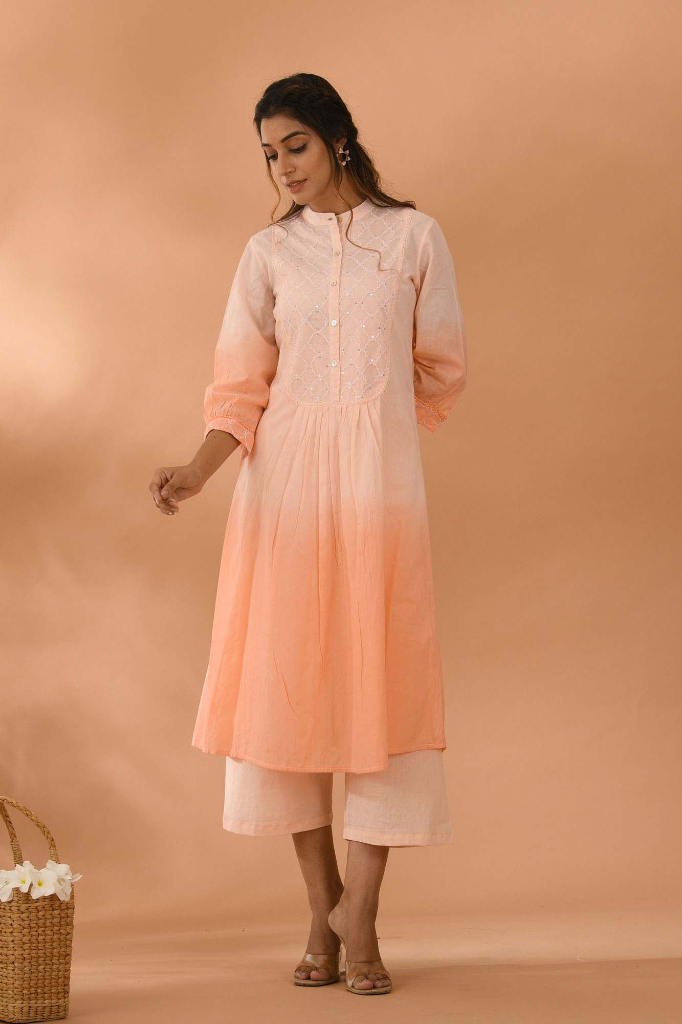 Kurta Set of 2 Women Emroidered Yoke Peach