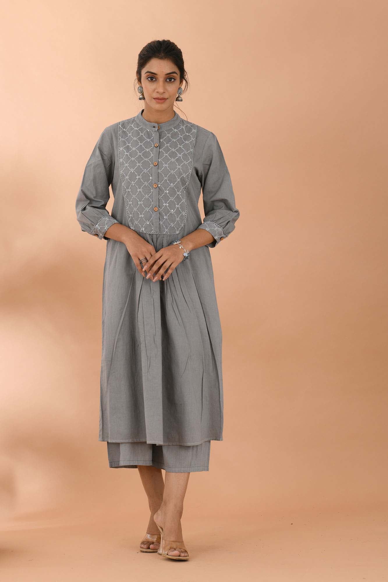 Kurta Set of 2 Women Embroidered Yoke Grey