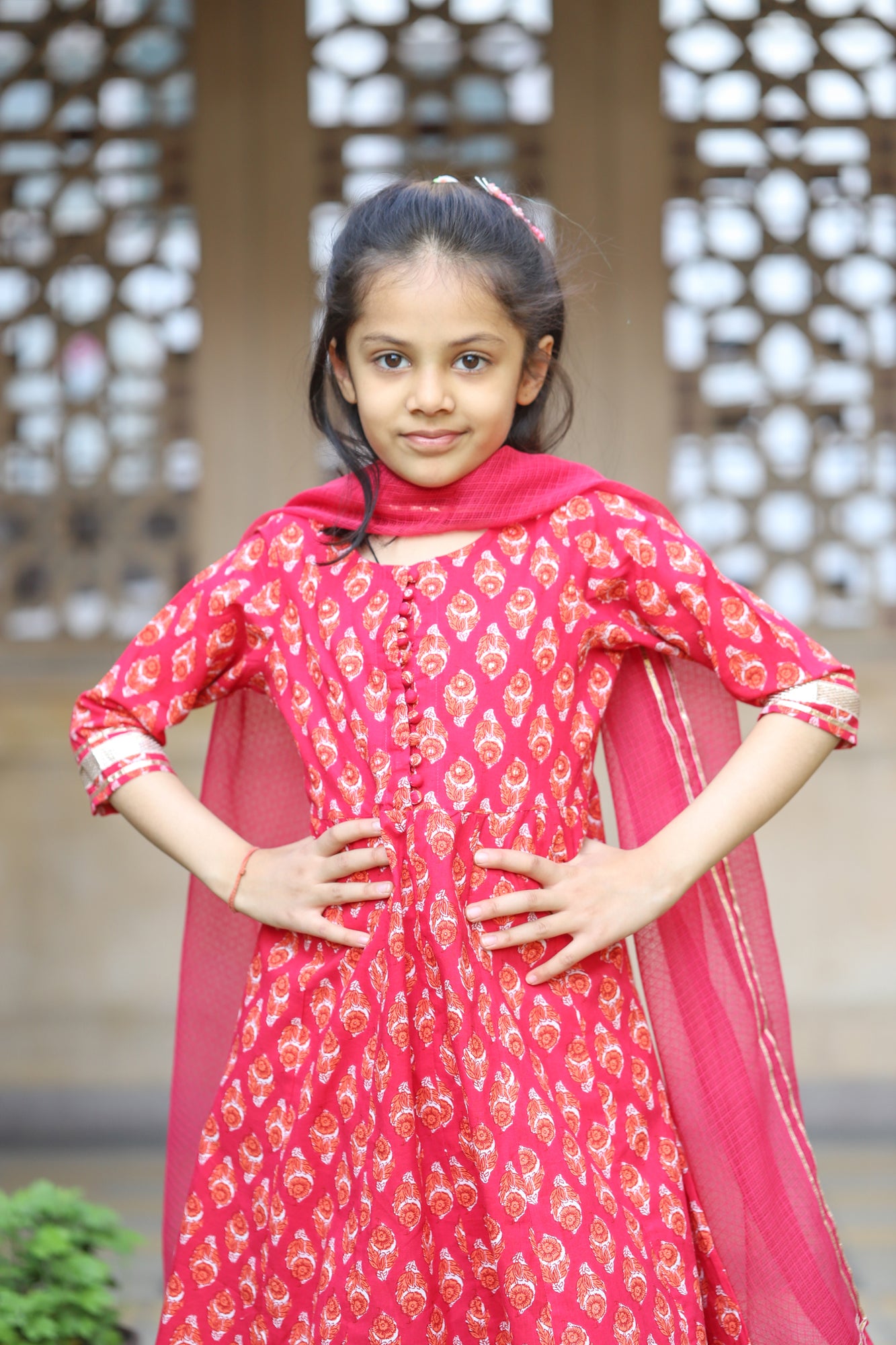Girls Red Anarkali Printed Suit Set - S/3