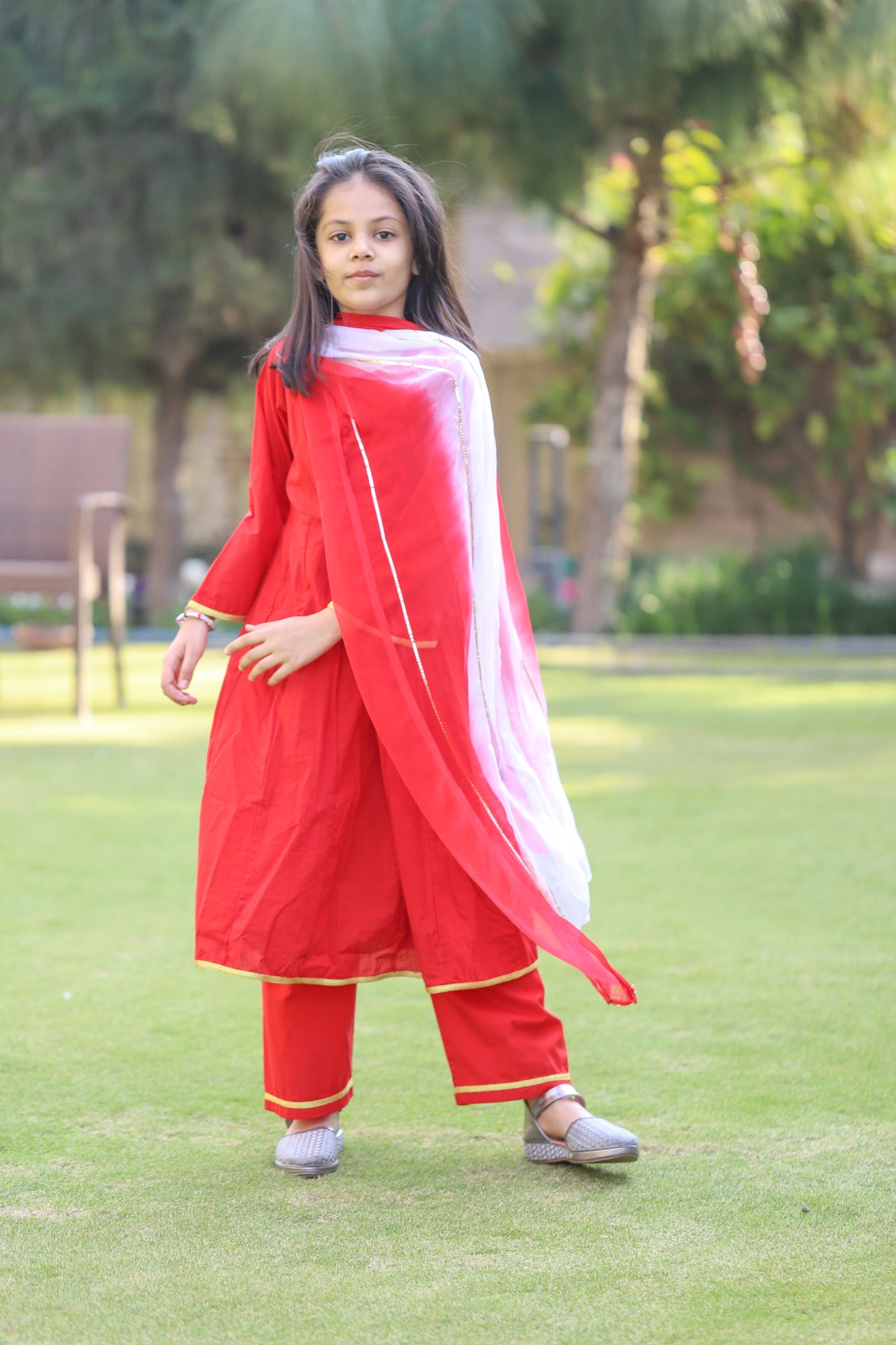 Girls Red Anarkali Suit Set - S/3