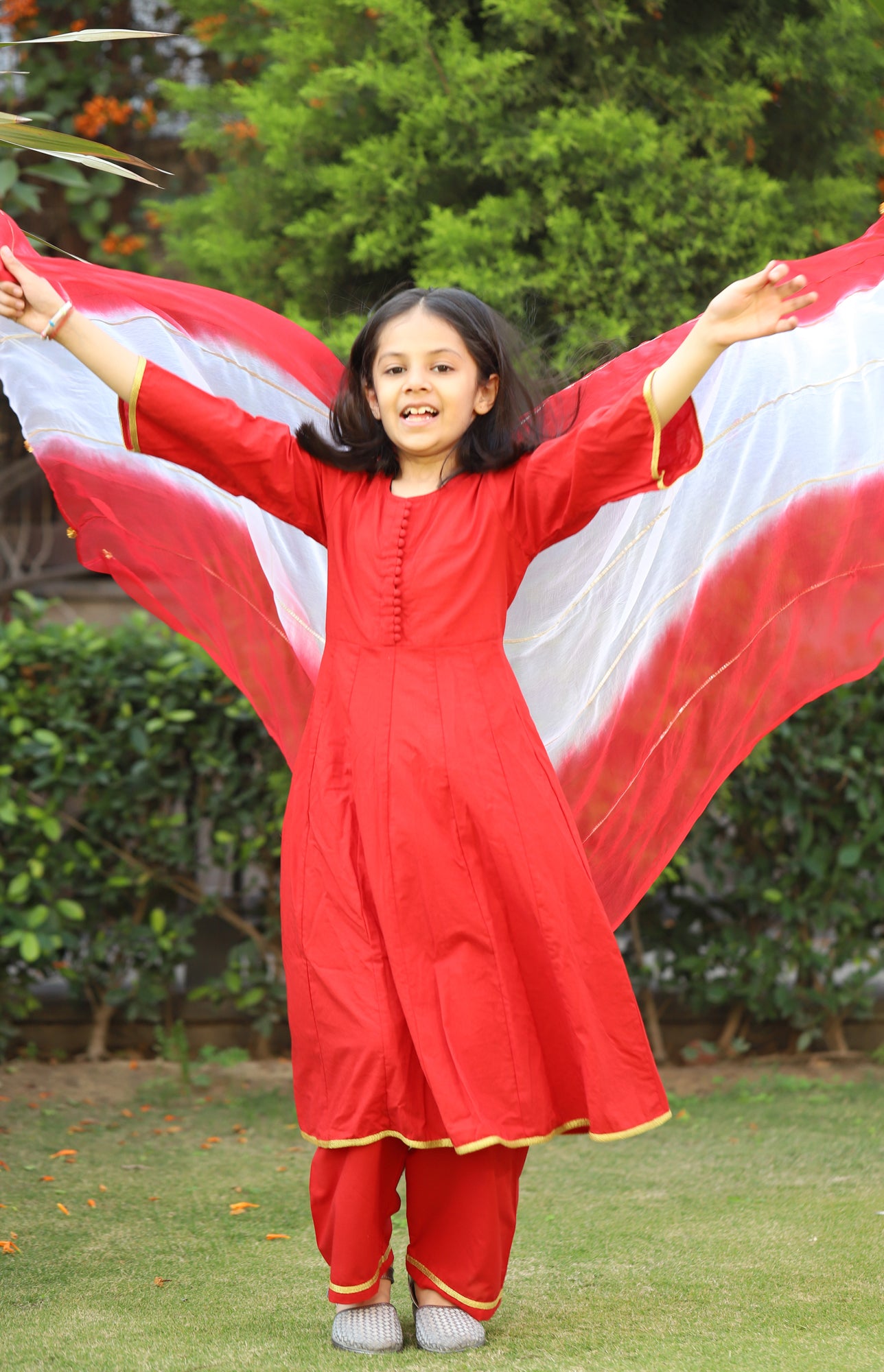 Girls Red Anarkali Suit Set - S/3