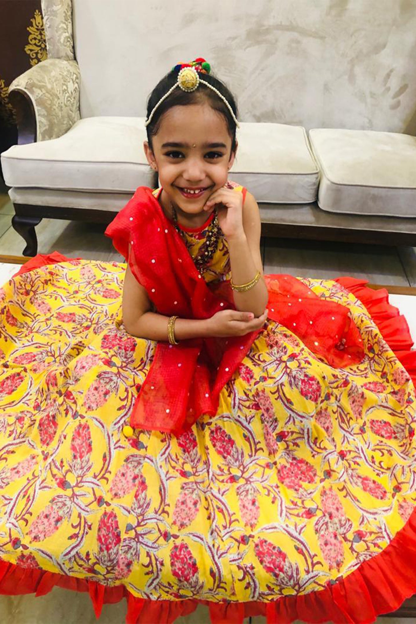 Girl Yello Jaal Lehenga Choli Set-Set Of 3