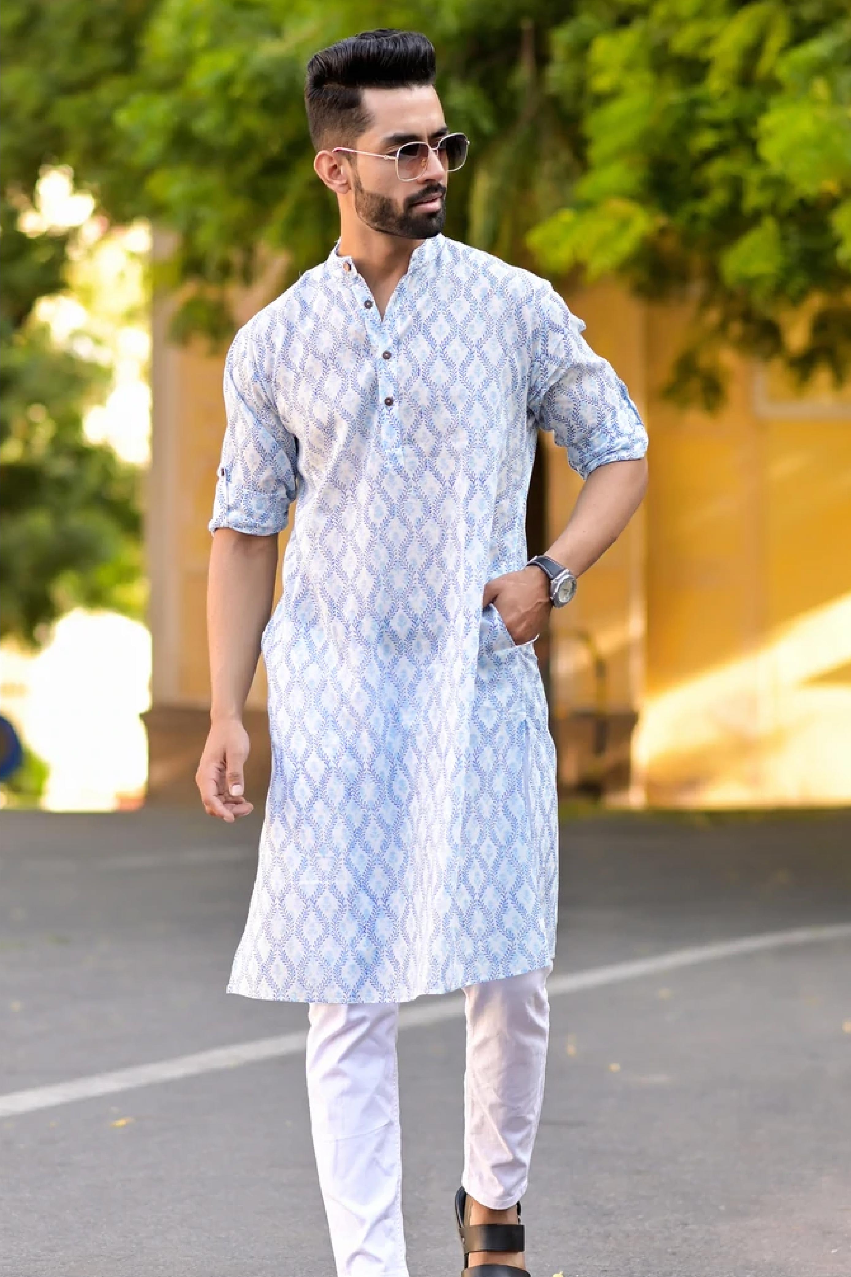 Kurta Long Mens Leaf Jaal Blue